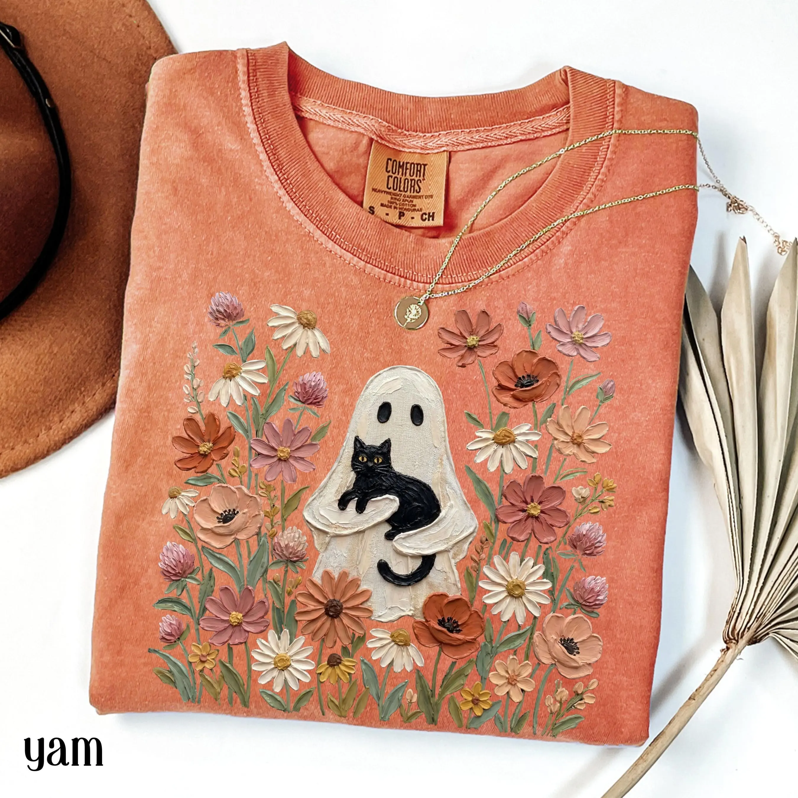 Comfort Colors Ghost Fall Black Cat Floral Shirt, Boho Cozy Season Pumpkin Autumn Lover Tee, Vintage Flowers Top - photo 2