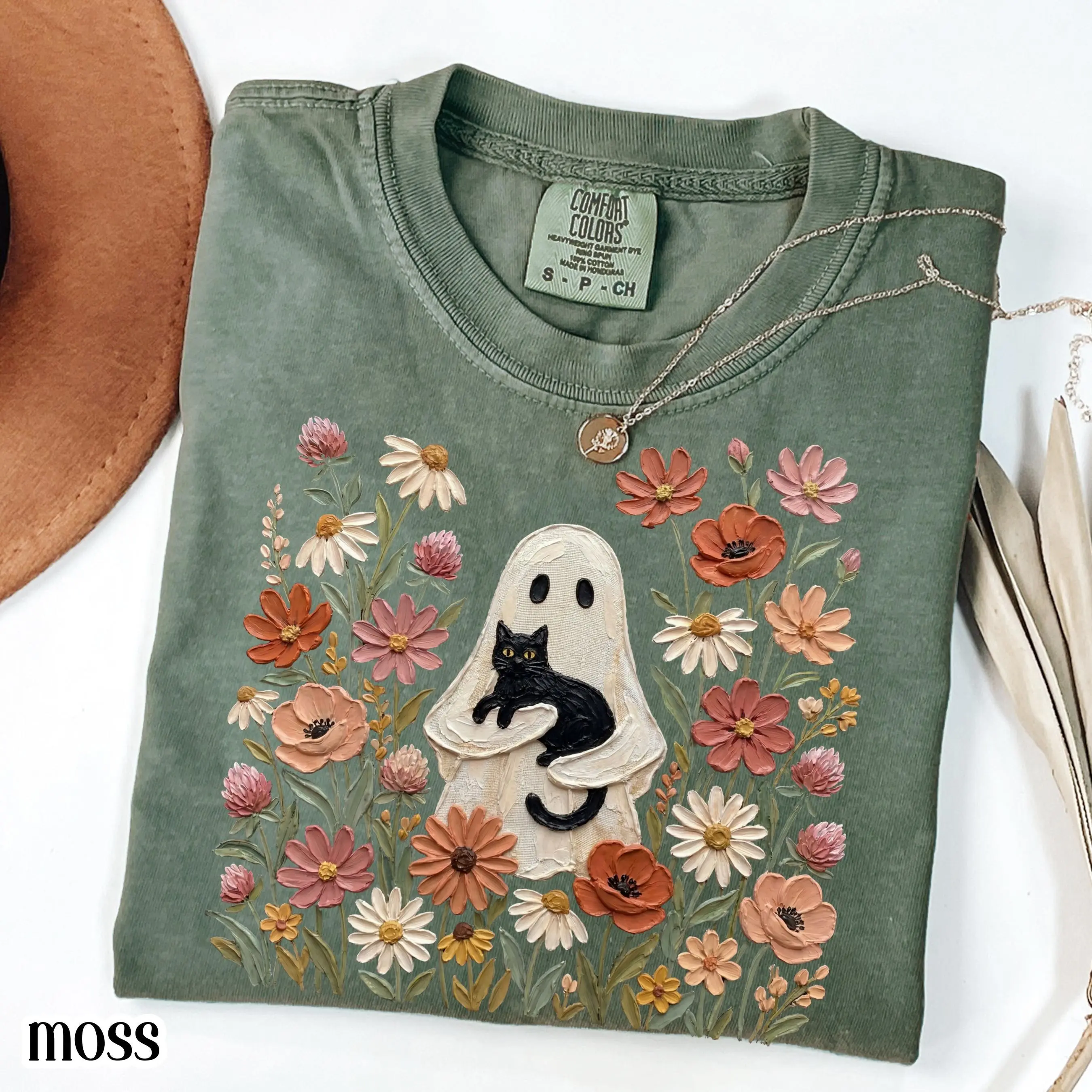 Comfort Colors Ghost Fall Black Cat Floral Shirt, Boho Cozy Season Pumpkin Autumn Lover Tee, Vintage Flowers Top - photo 3