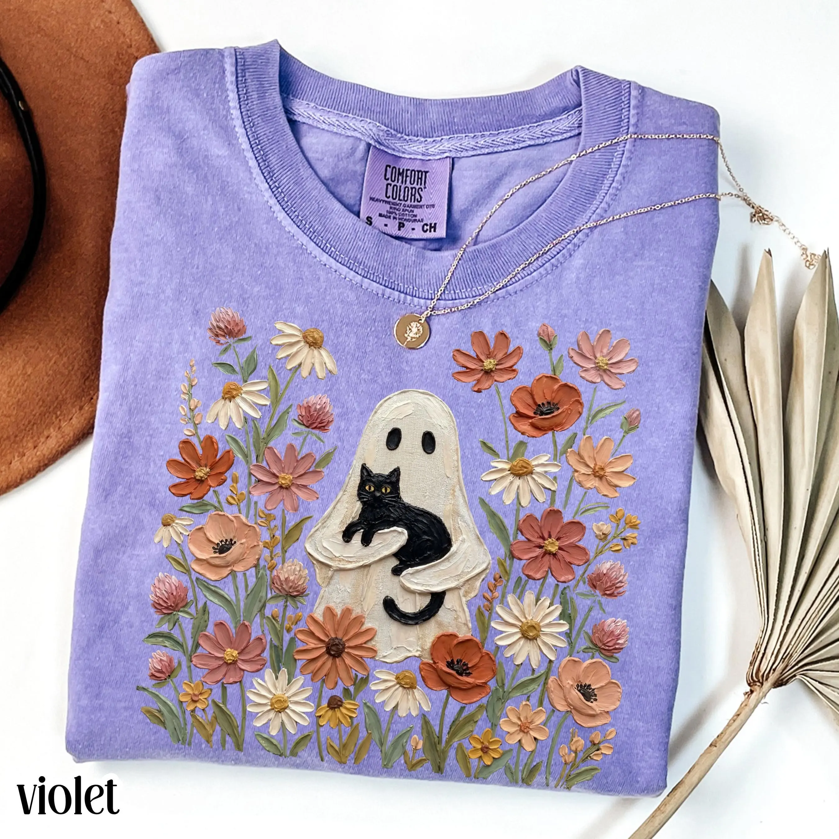 Comfort Colors Ghost Fall Black Cat Floral Shirt, Boho Cozy Season Pumpkin Autumn Lover Tee, Vintage Flowers Top - photo 4