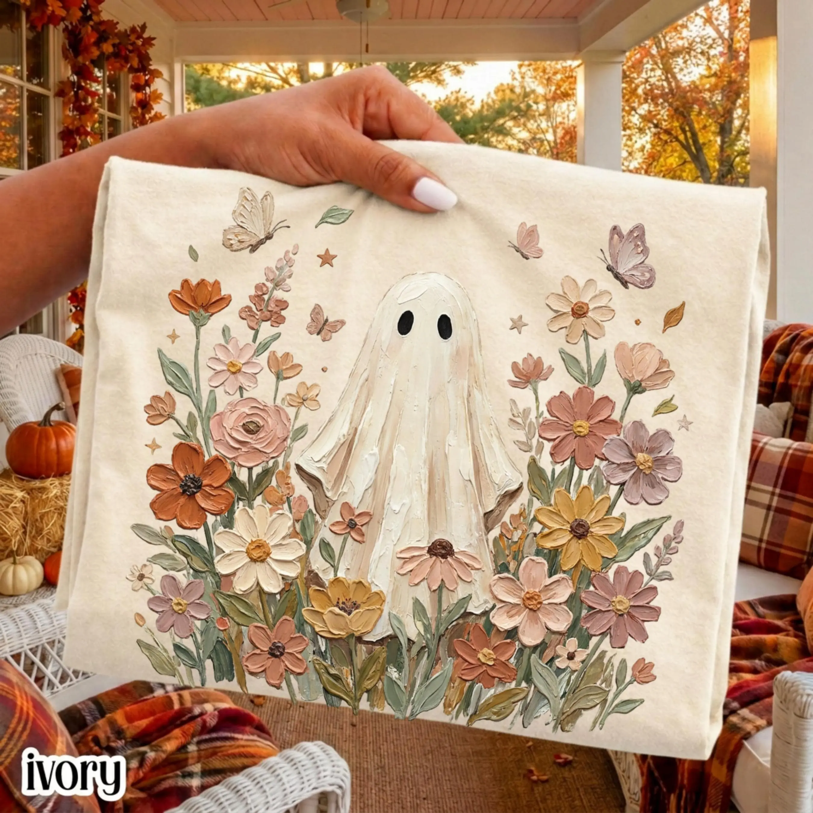 Comfort Colors Ghost Fall Shirt, Floral Boho Cozy Pumpkin Tee, Vintage Autumn Flowers Thanksgiving Lover Gift - photo 3