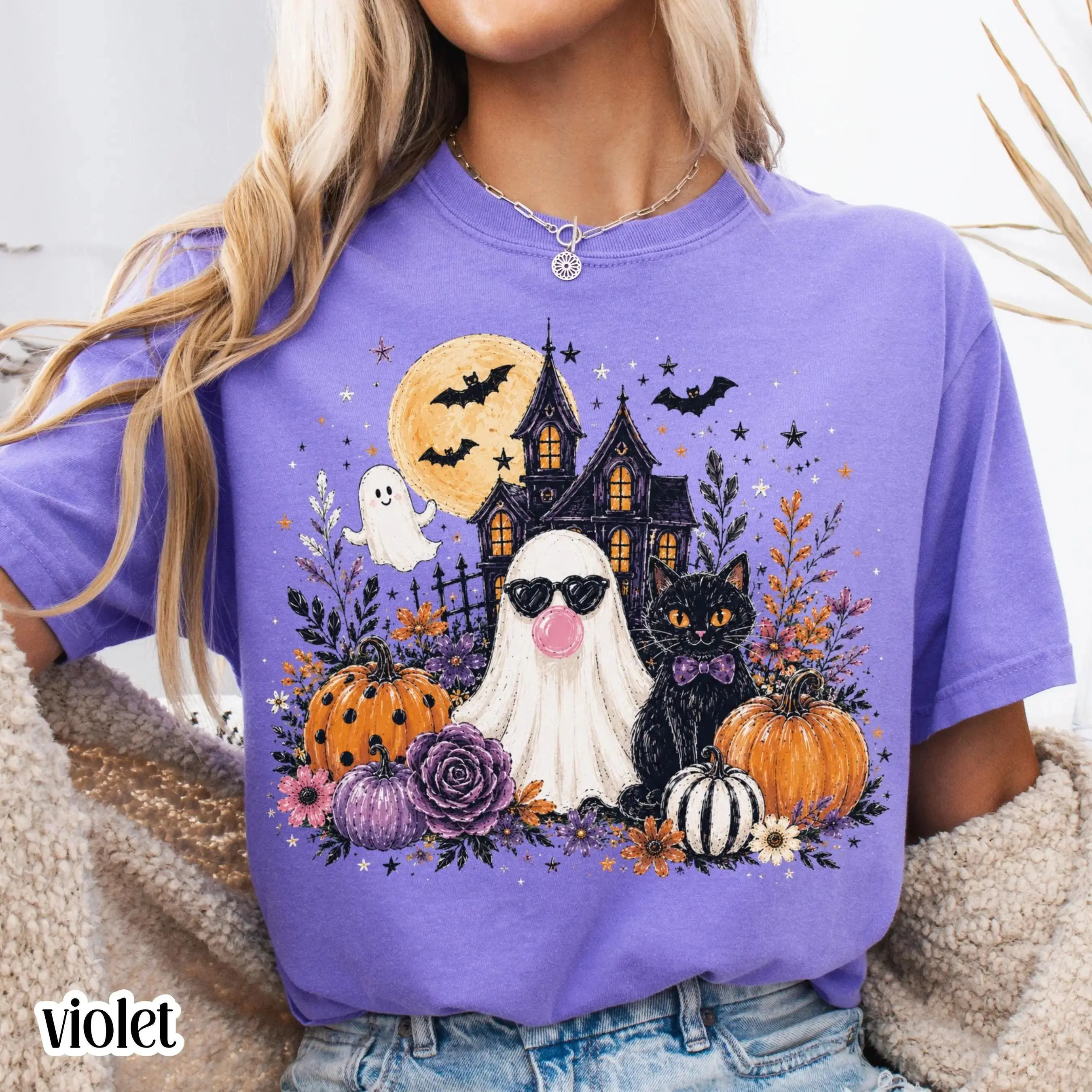 Comfort Colors Floral Ghost Shirt, Black Cat Bubble Gum Haunted House Boo Spooky Season Halloween Tee