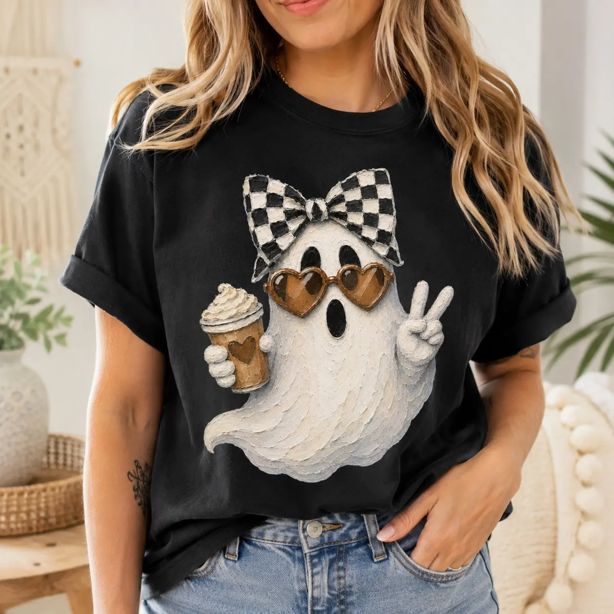 Comfort Colors Ghost Heart Sunglasses Iced Coffee Women Short Sleeve Halloween Celebration