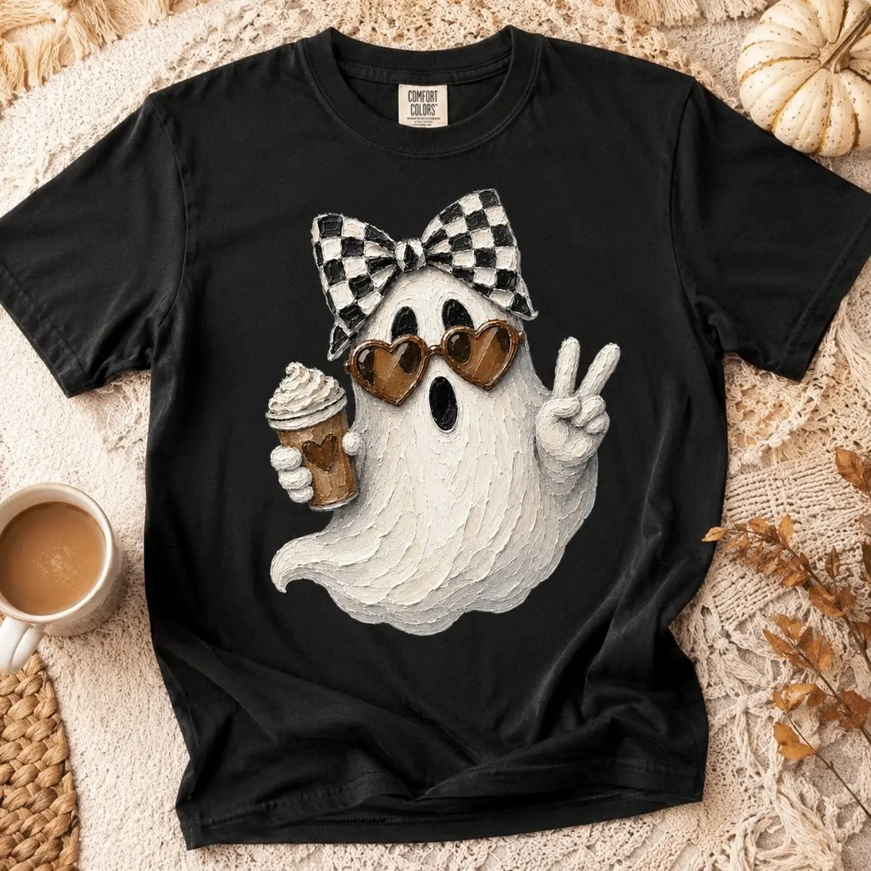 Comfort Colors Ghost Heart Sunglasses Iced Coffee Women Short Sleeve Halloween Celebration - photo 2