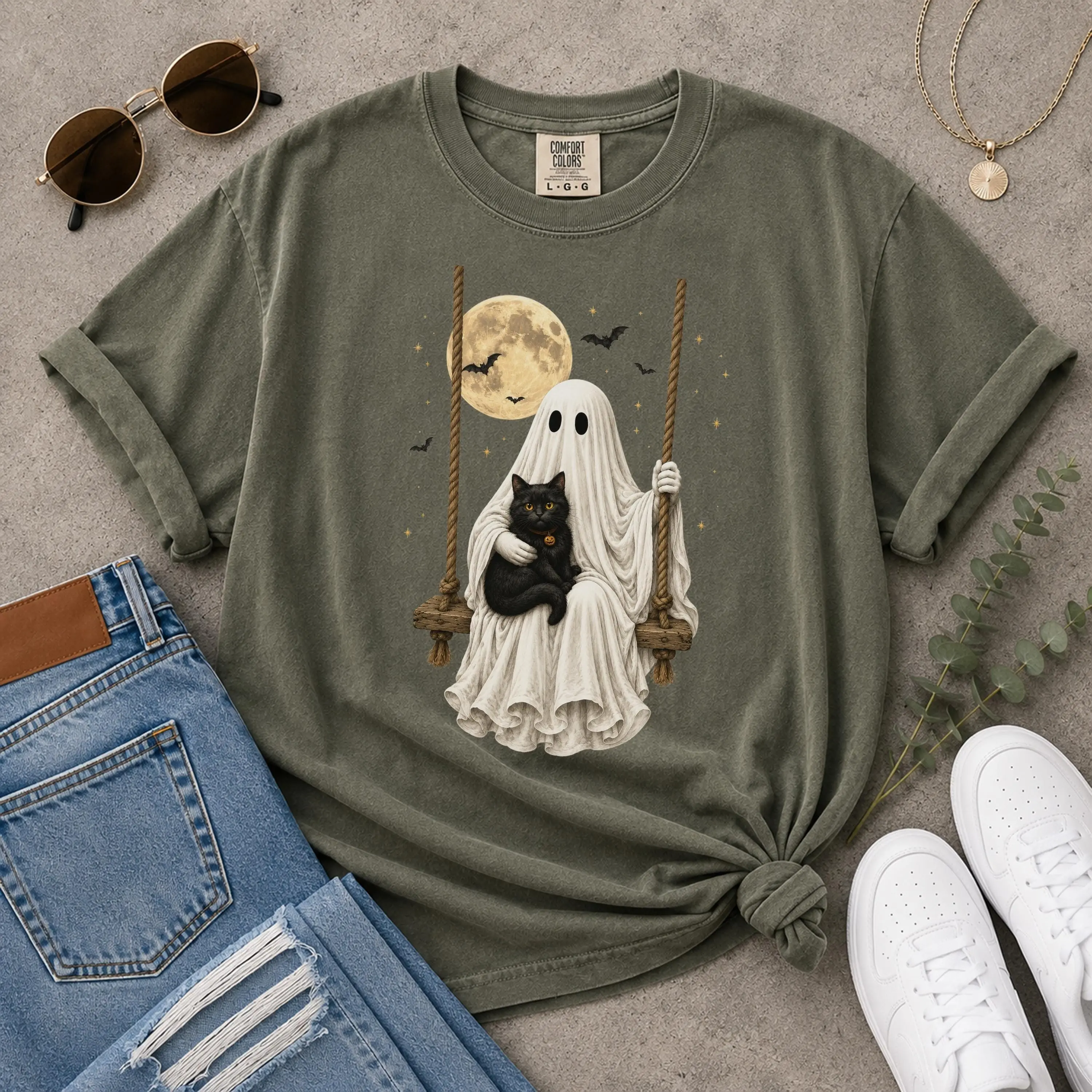 Comfort Colors Ghost Holding Black Cat Shirt, Cute Spooky Halloween Vintage Fall Graphic Tee