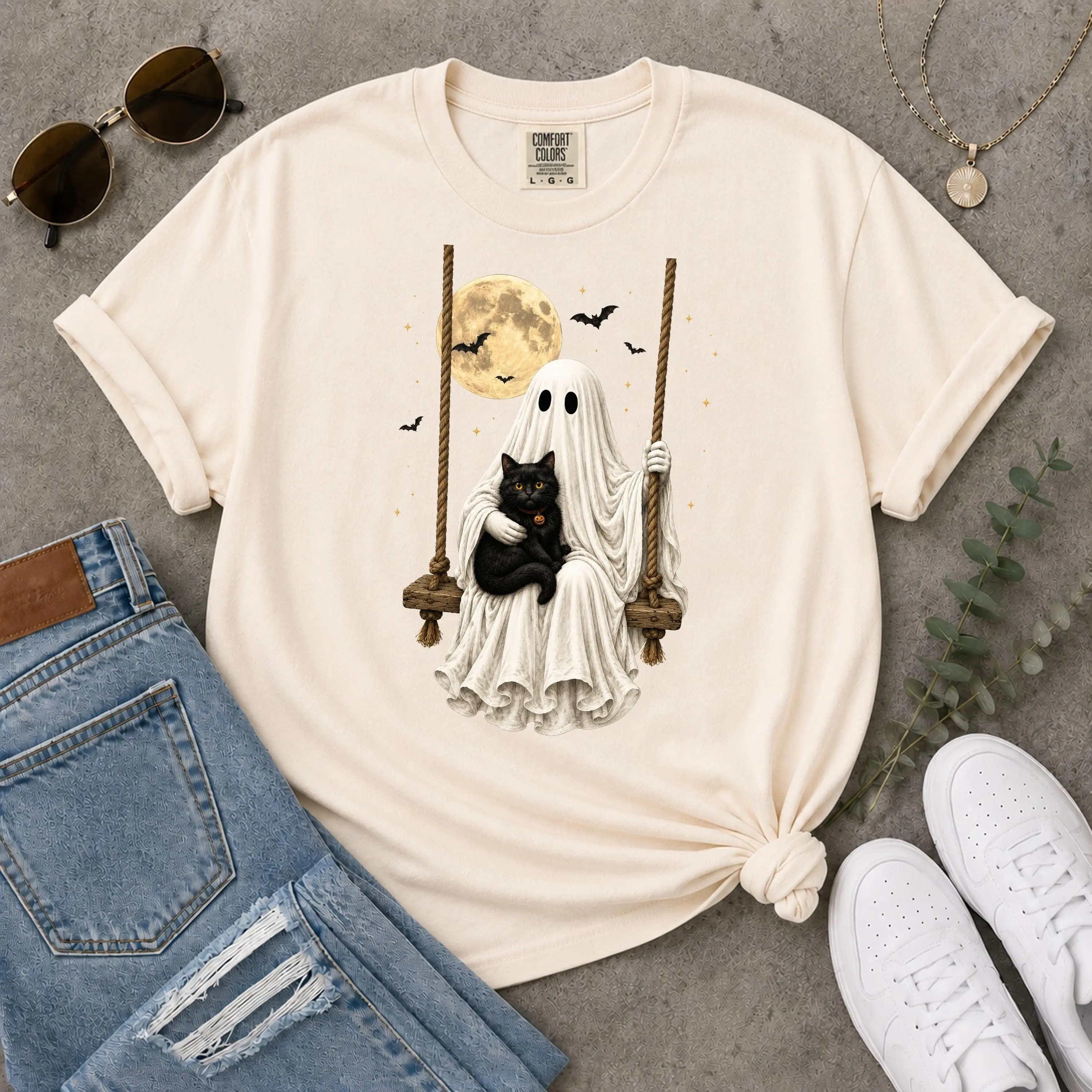 Comfort Colors Ghost Holding Black Cat Shirt, Cute Spooky Halloween Vintage Fall Graphic Tee - photo 3
