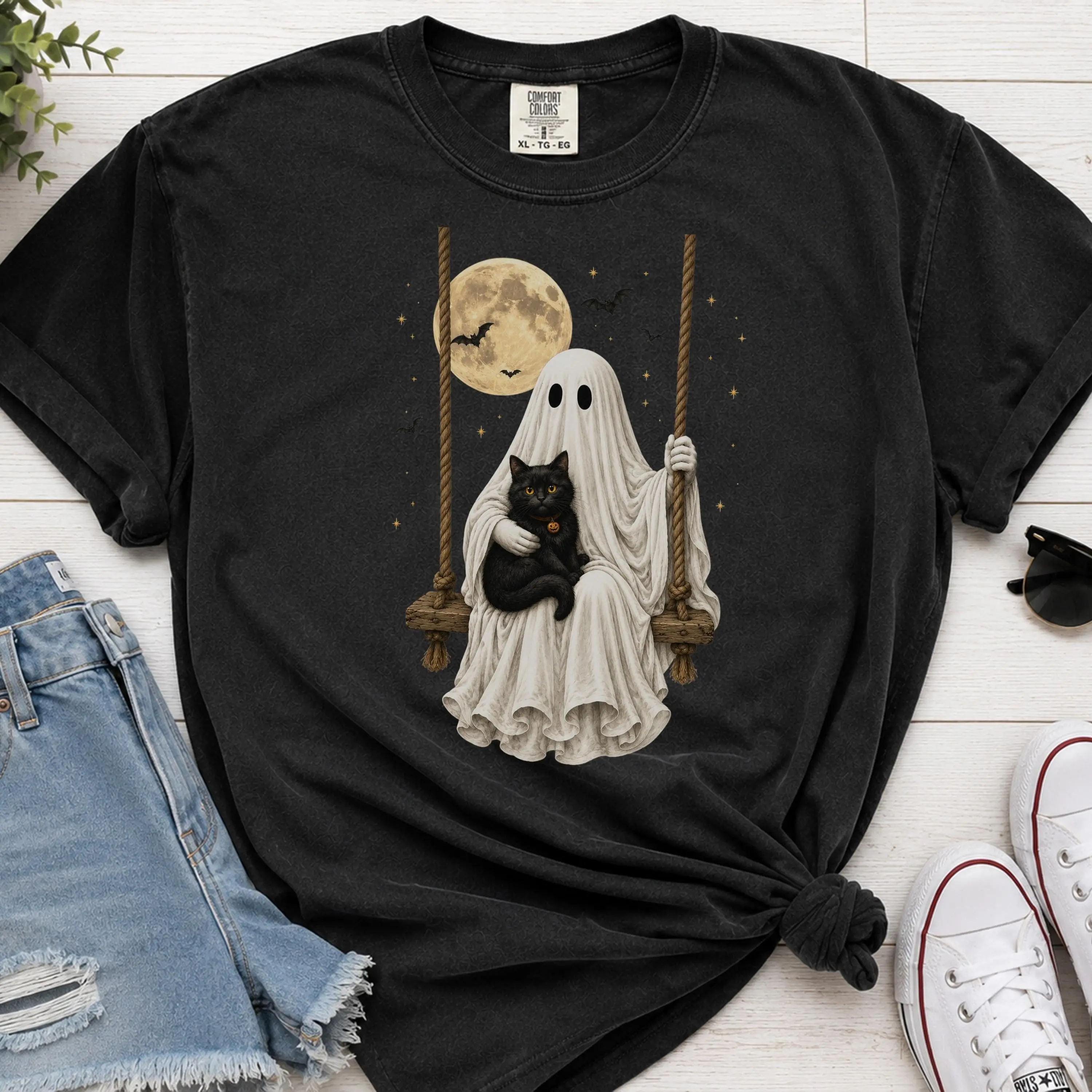 Comfort Colors Ghost Holding Black Cat Shirt, Cute Spooky Halloween Vintage Fall Graphic Tee - photo 4