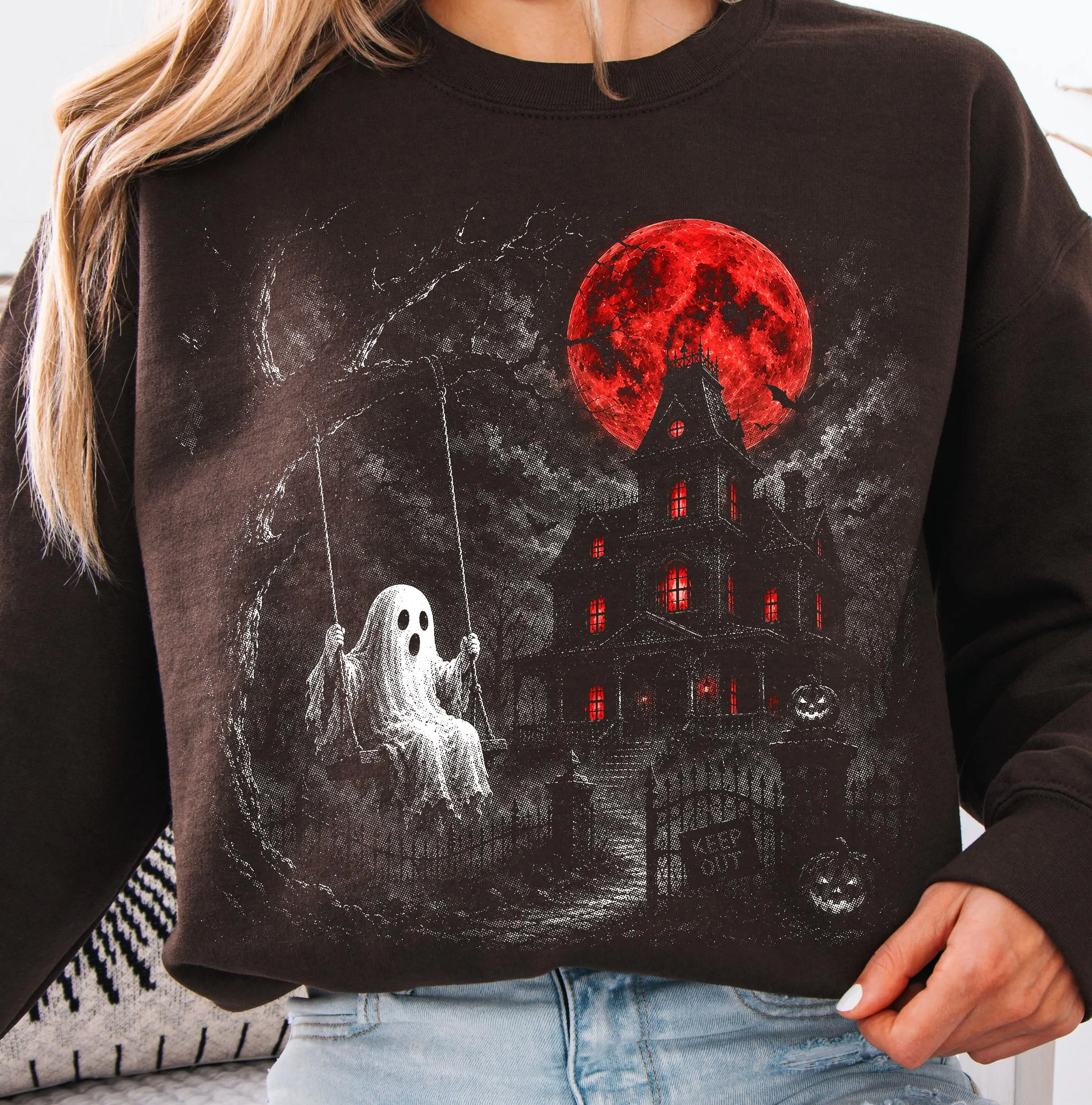 Comfort Colors Ghost on Swing Halftone Shirt, Haunted Mansion Red Moon Halloween Spooky Season Phantom Tee