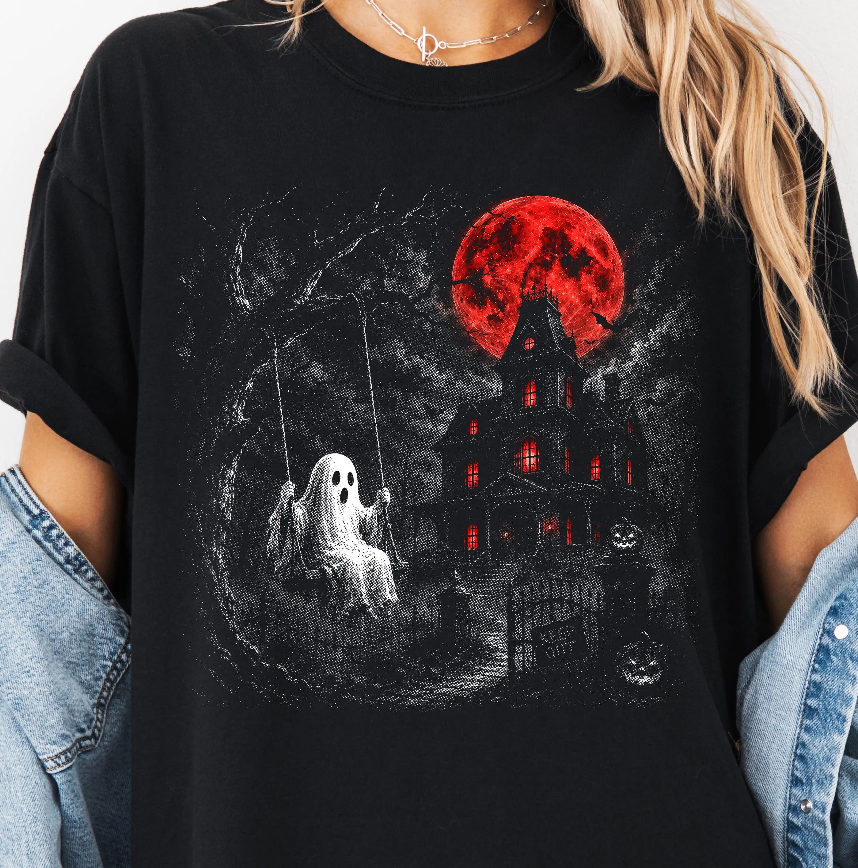 Comfort Colors Ghost on Swing Halftone Shirt, Haunted Mansion Red Moon Halloween Spooky Season Phantom Tee - photo 2