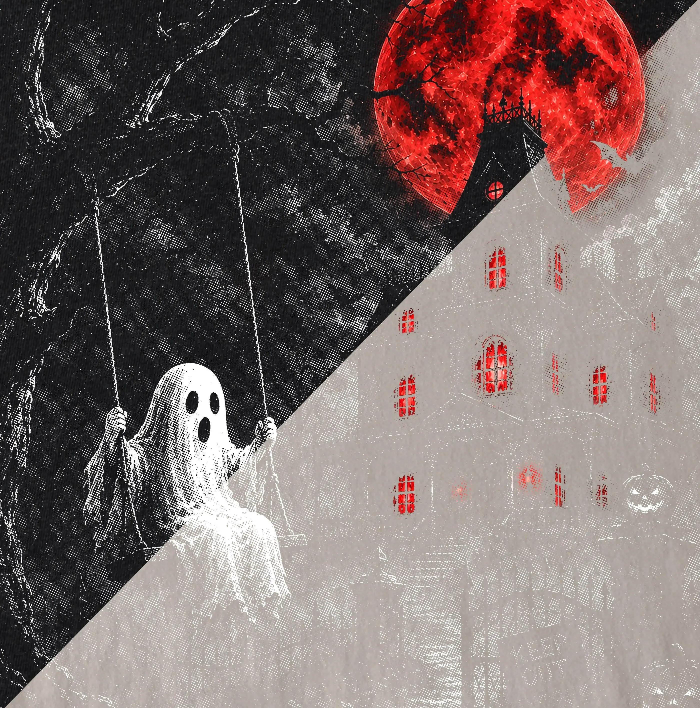 Comfort Colors Ghost on Swing Halftone Shirt, Haunted Mansion Red Moon Halloween Spooky Season Phantom Tee - photo 3