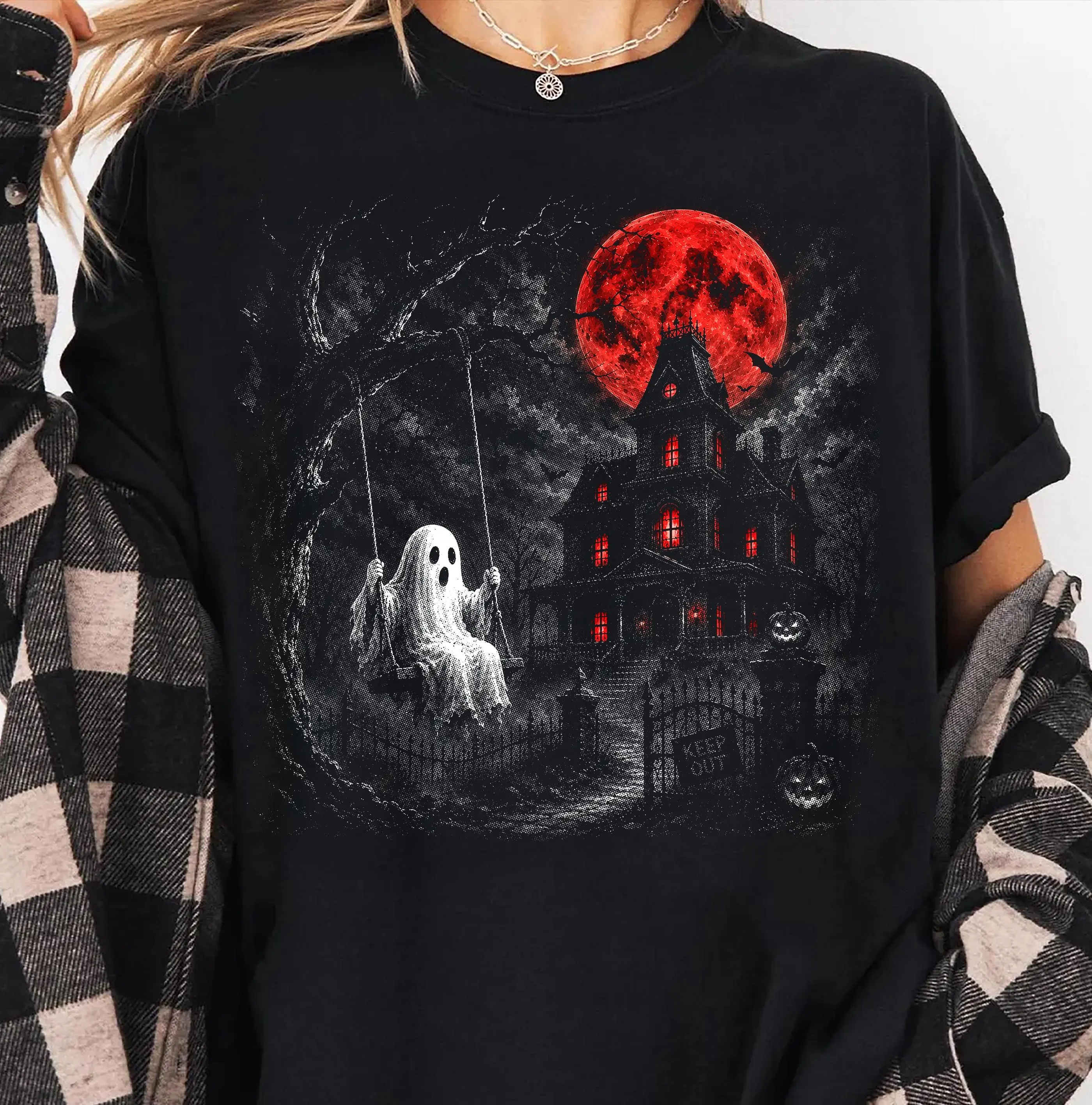 Comfort Colors Ghost on Swing Halftone Shirt, Haunted Mansion Red Moon Halloween Spooky Season Phantom Tee - photo 4
