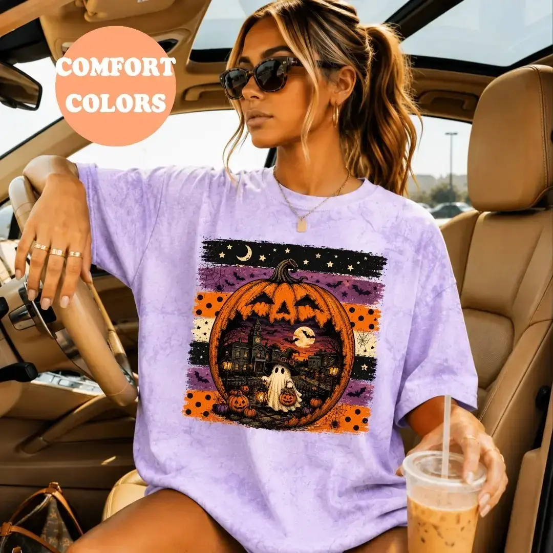 Comfort Colors Ghost Pumpkin Halloween Shirt, Vintage Spooky Patch Cute Fall Autumn Graphic Tee