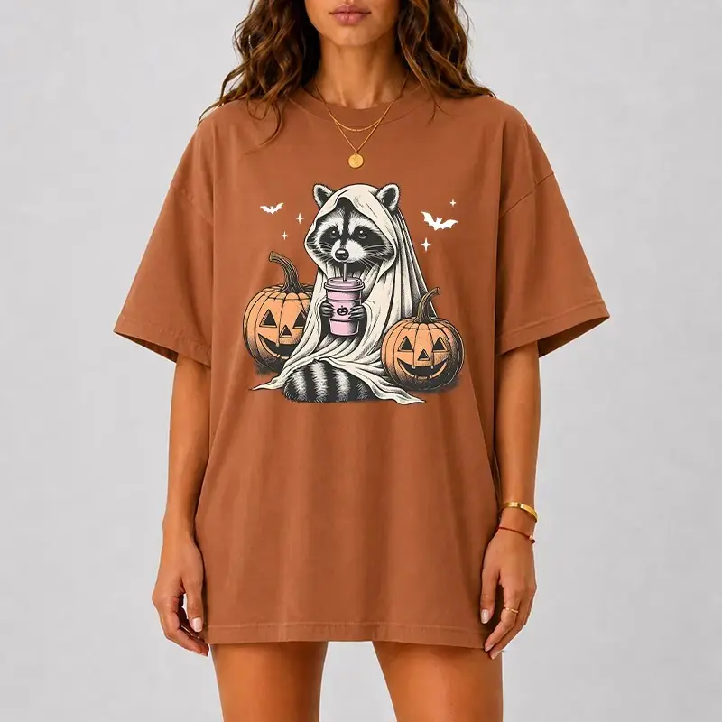 Comfort Colors Ghost Raccoon Halloween Shirt for Women, Cute Spooky Pumpkin Coffee Tee, Fall Animal Trendy Autumn Top