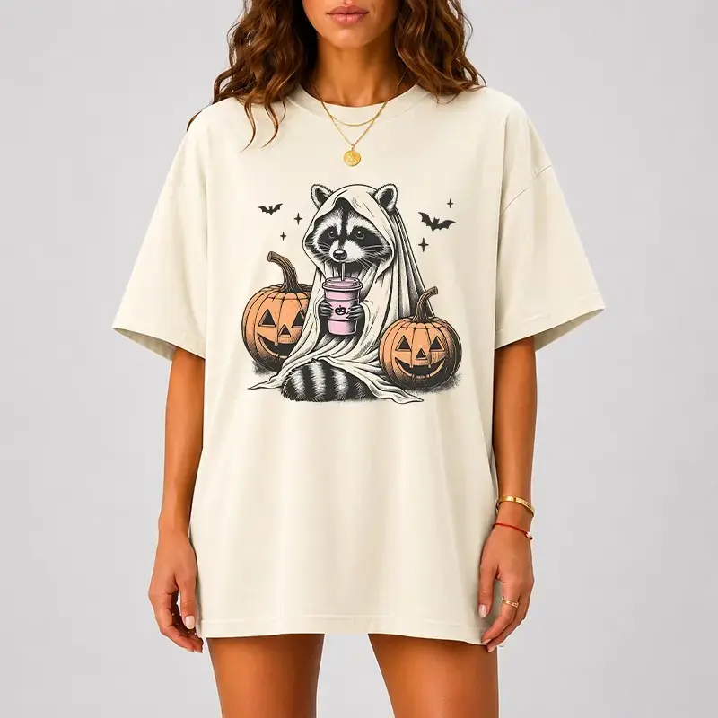 Comfort Colors Ghost Raccoon Halloween Shirt for Women, Cute Spooky Pumpkin Coffee Tee, Fall Animal Trendy Autumn Top - photo 2