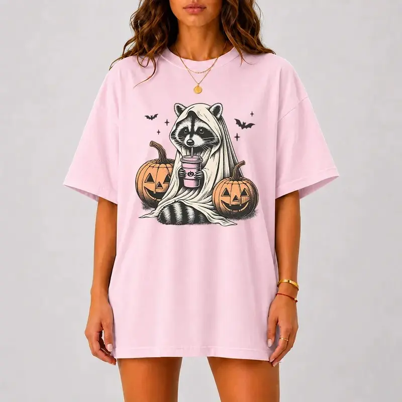 Comfort Colors Ghost Raccoon Halloween Shirt for Women, Cute Spooky Pumpkin Coffee Tee, Fall Animal Trendy Autumn Top - photo 3