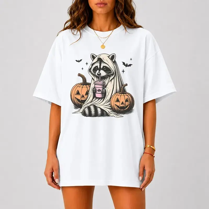 Comfort Colors Ghost Raccoon Halloween Shirt for Women, Cute Spooky Pumpkin Coffee Tee, Fall Animal Trendy Autumn Top - photo 4