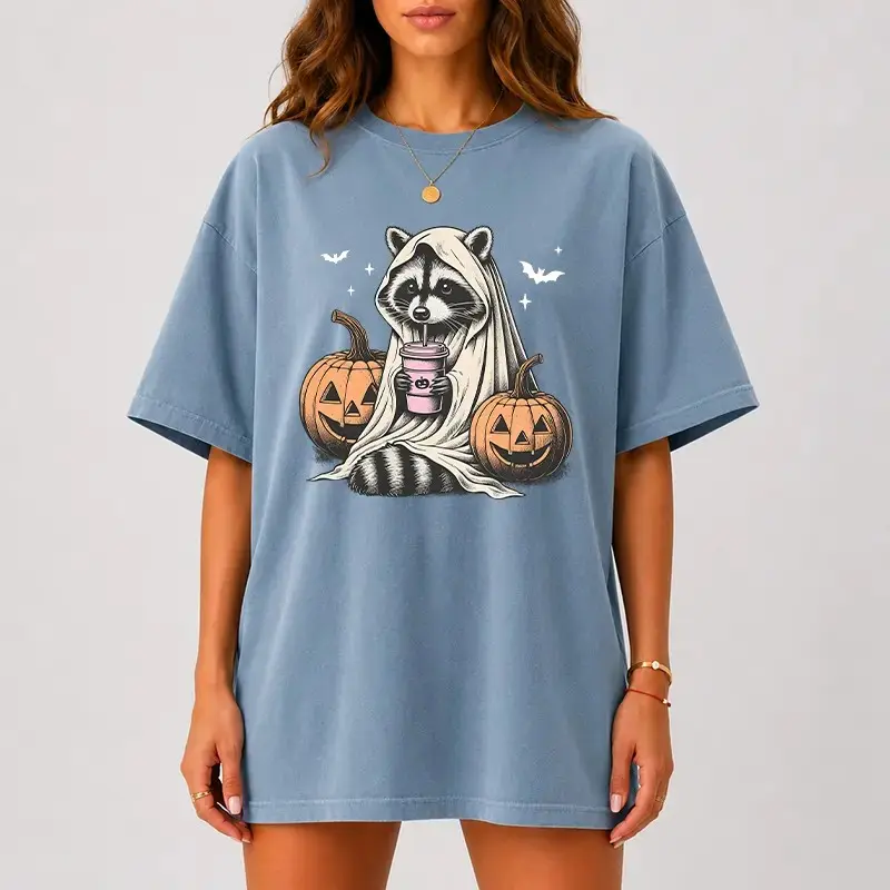 Comfort Colors Ghost Raccoon Halloween Shirt for Women, Cute Spooky Pumpkin Coffee Tee, Fall Animal Trendy Autumn Top - photo 5