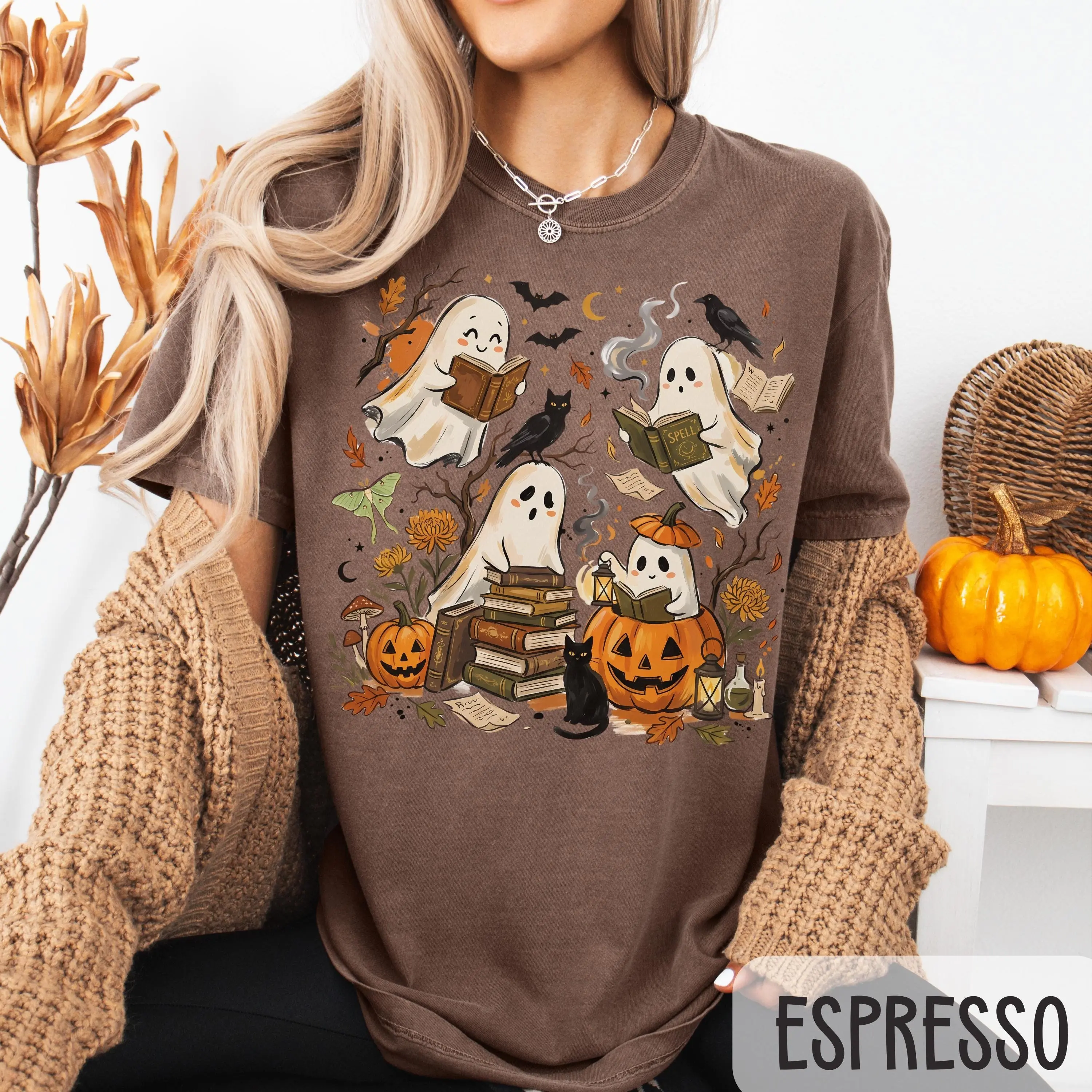 Comfort Colors Ghost Reading Books Shirt, Librarian Halloween Tee, Spooky Season Book Lover Gift - photo 4