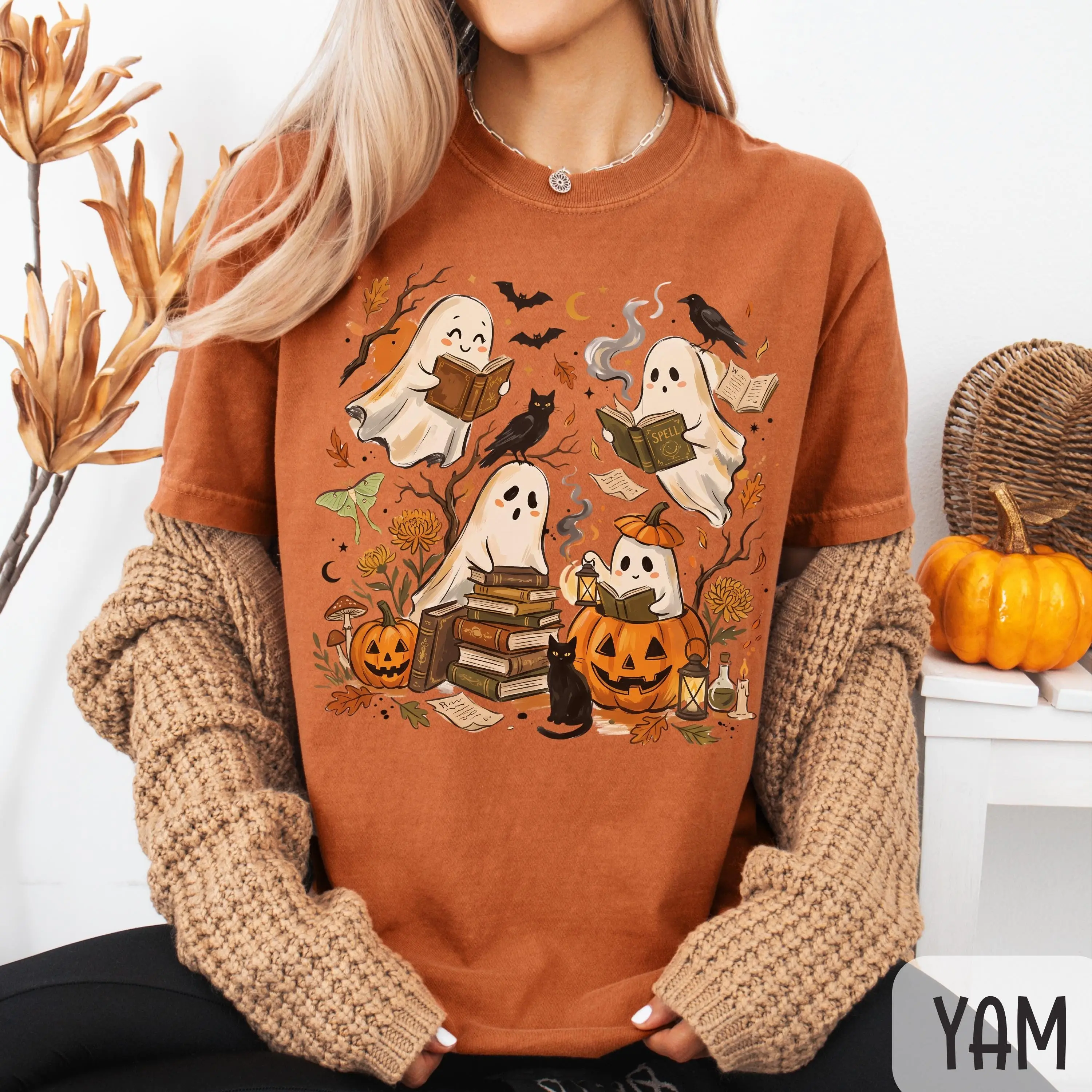 Comfort Colors Ghost Reading Books Shirt, Librarian Halloween Tee, Spooky Season Book Lover Gift - photo 5