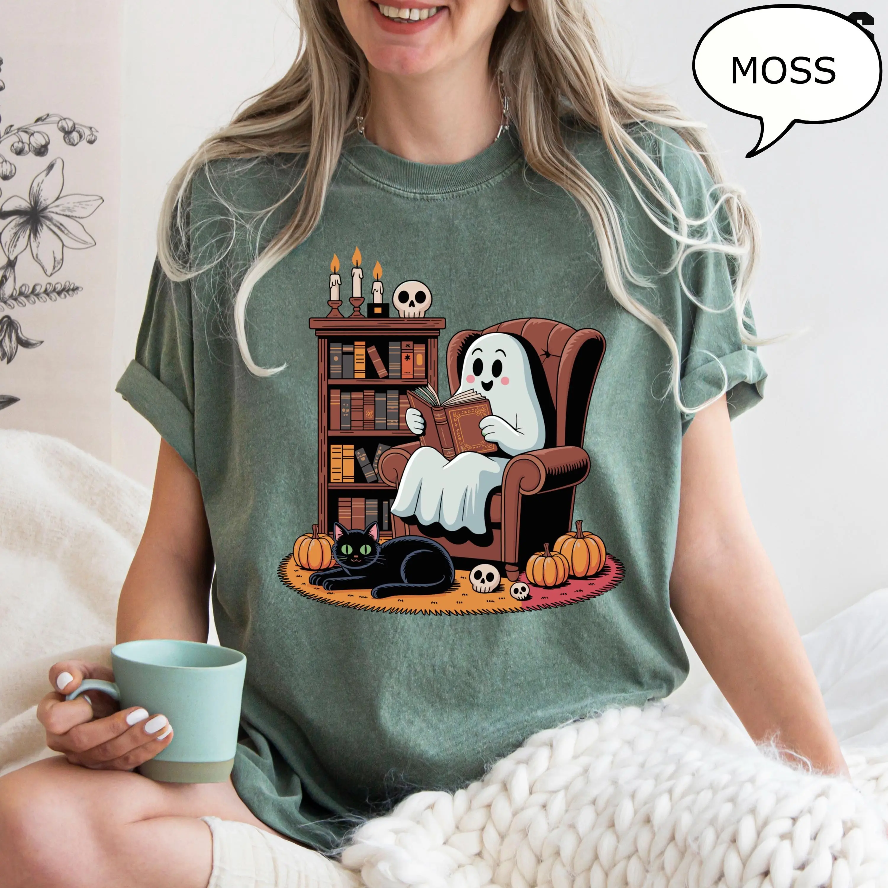 Comfort Colors Ghost Reading Books T-Shirt, Retro Halloween Teacher Tee, Cat Lover Gift