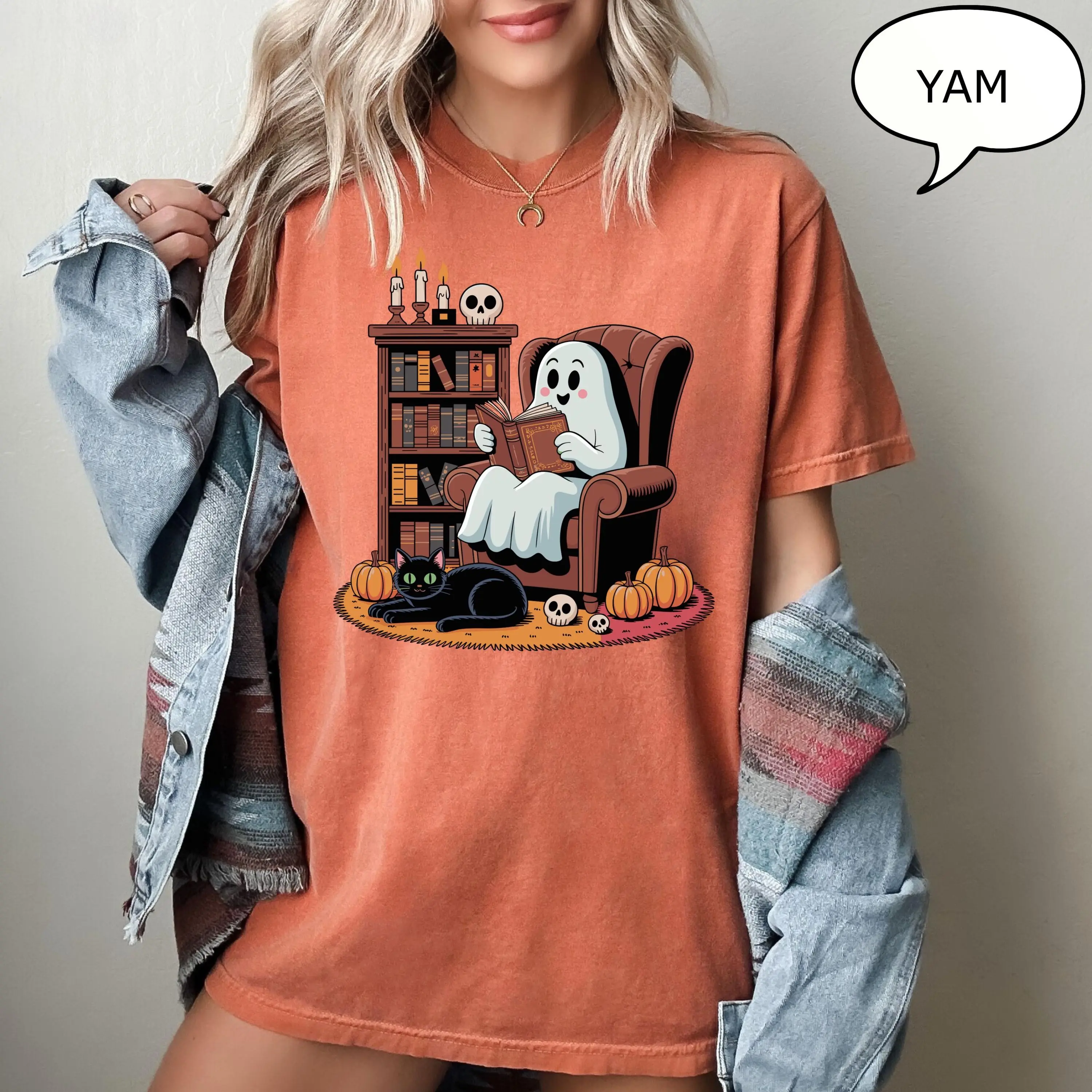 Comfort Colors Ghost Reading Books T-Shirt, Retro Halloween Teacher Tee, Cat Lover Gift - photo 2