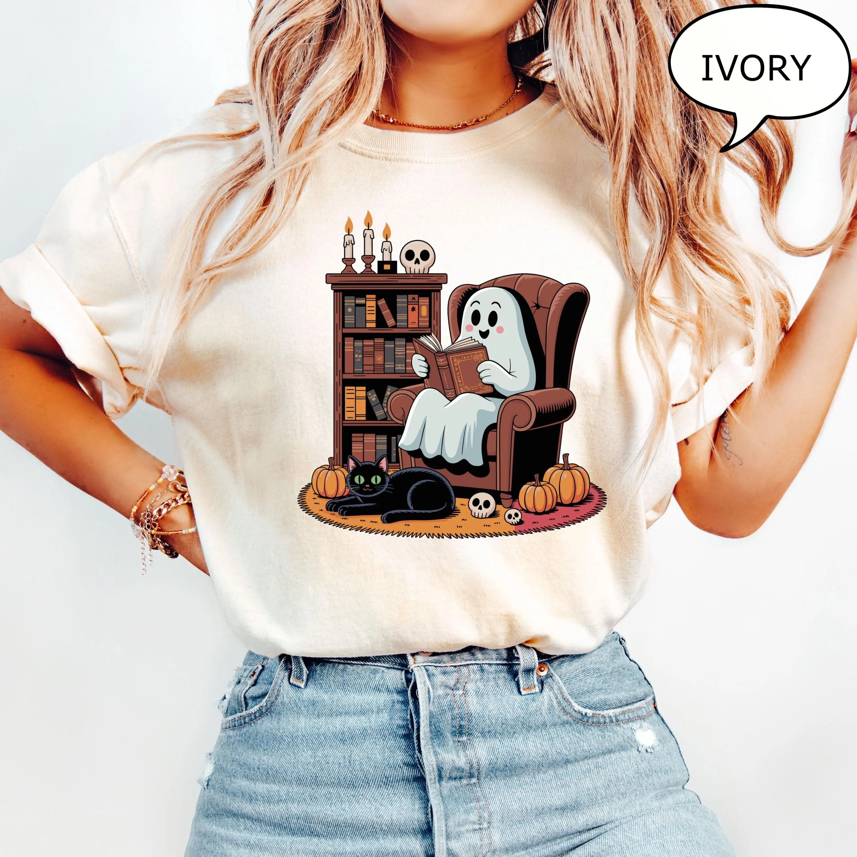 Comfort Colors Ghost Reading Books T-Shirt, Retro Halloween Teacher Tee, Cat Lover Gift - photo 3