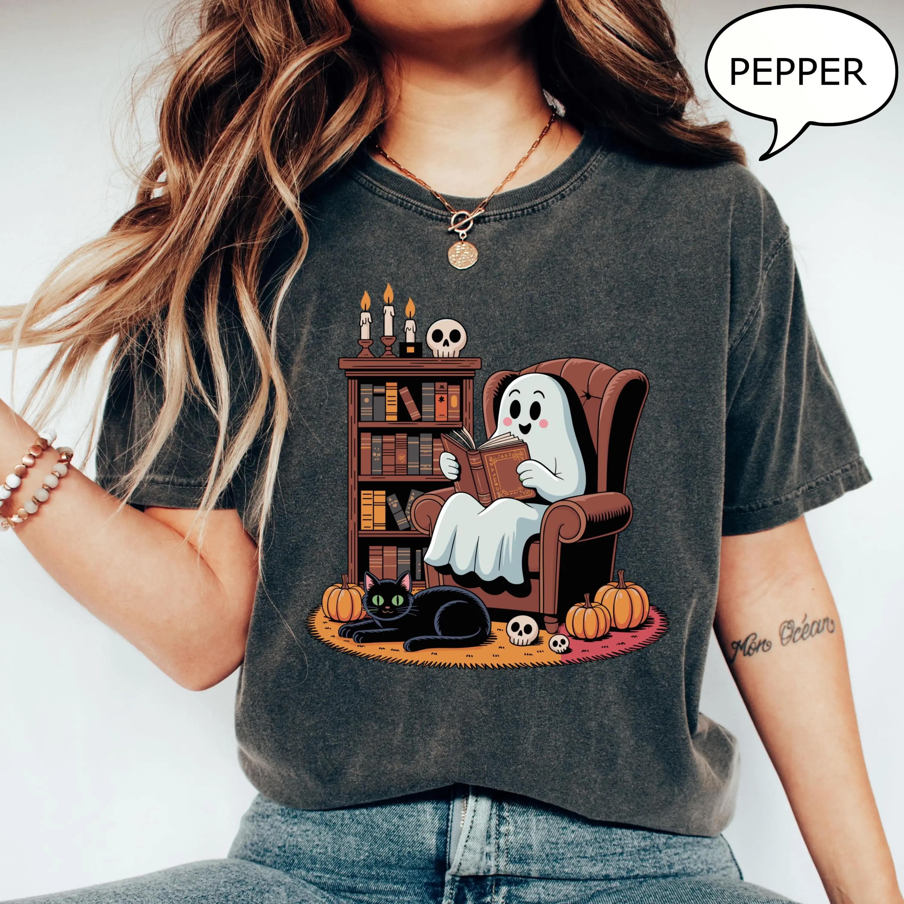 Comfort Colors Ghost Reading Books T-Shirt, Retro Halloween Teacher Tee, Cat Lover Gift - photo 4