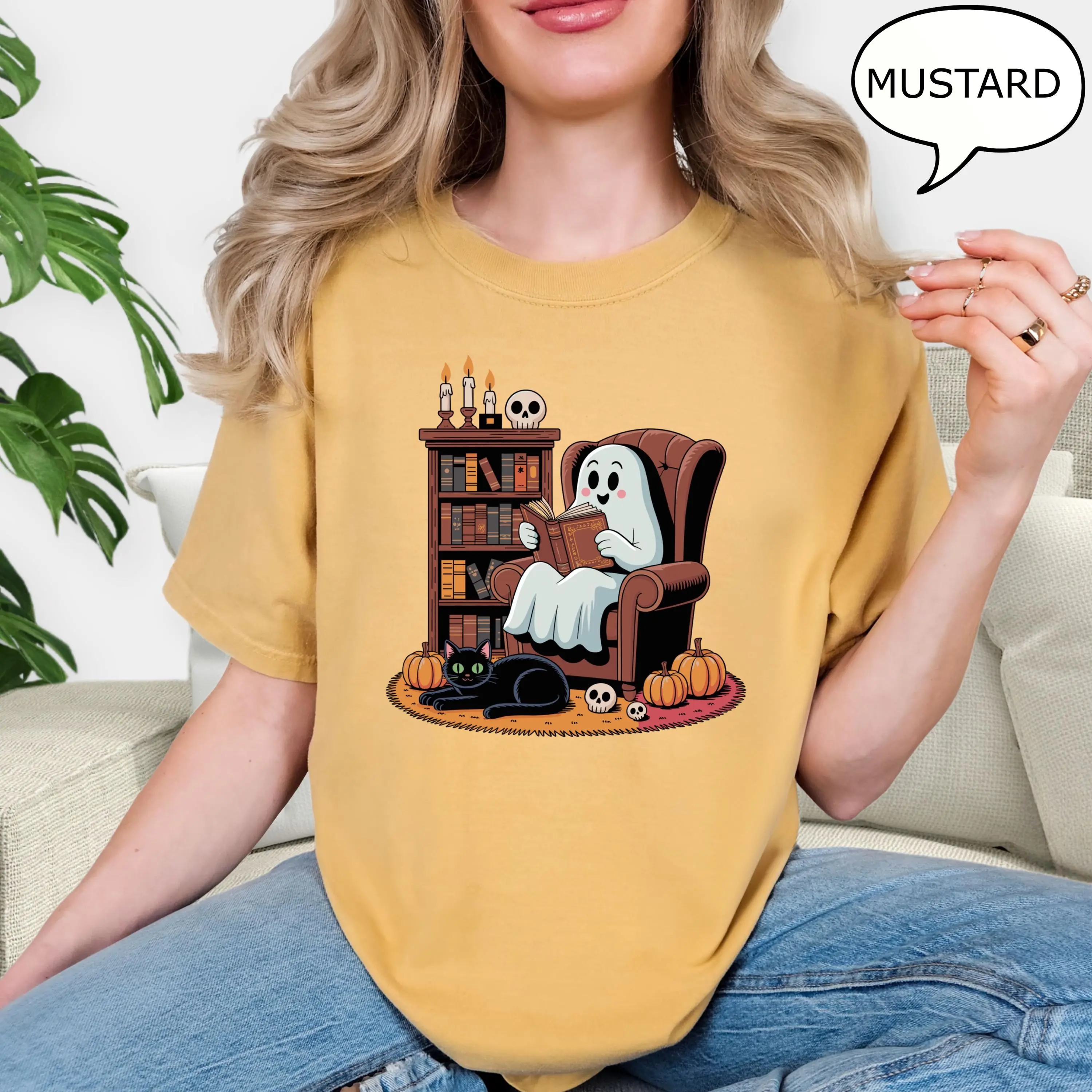 Comfort Colors Ghost Reading Books T-Shirt, Retro Halloween Teacher Tee, Cat Lover Gift - photo 5
