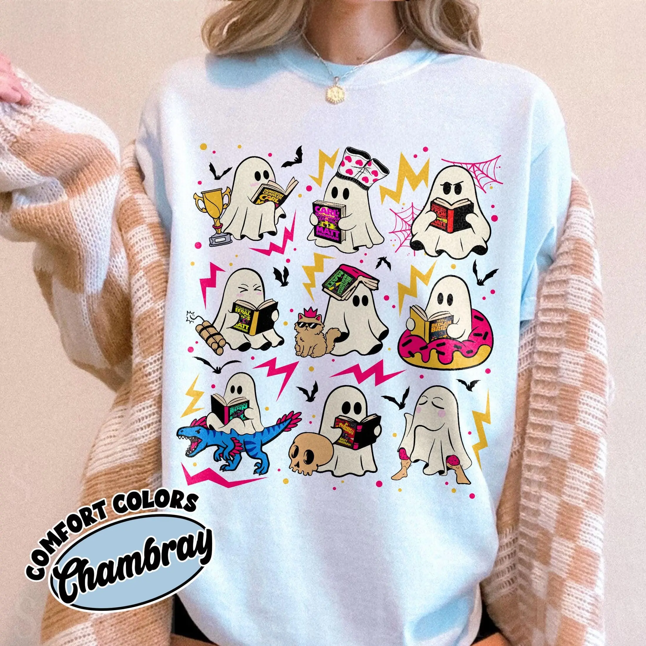 Comfort Colors Ghost Reading Dungeon Crawler Carl Shirt, Funny Spooky Princess Donut Tee, Cute Fall Bookish Top - photo 4