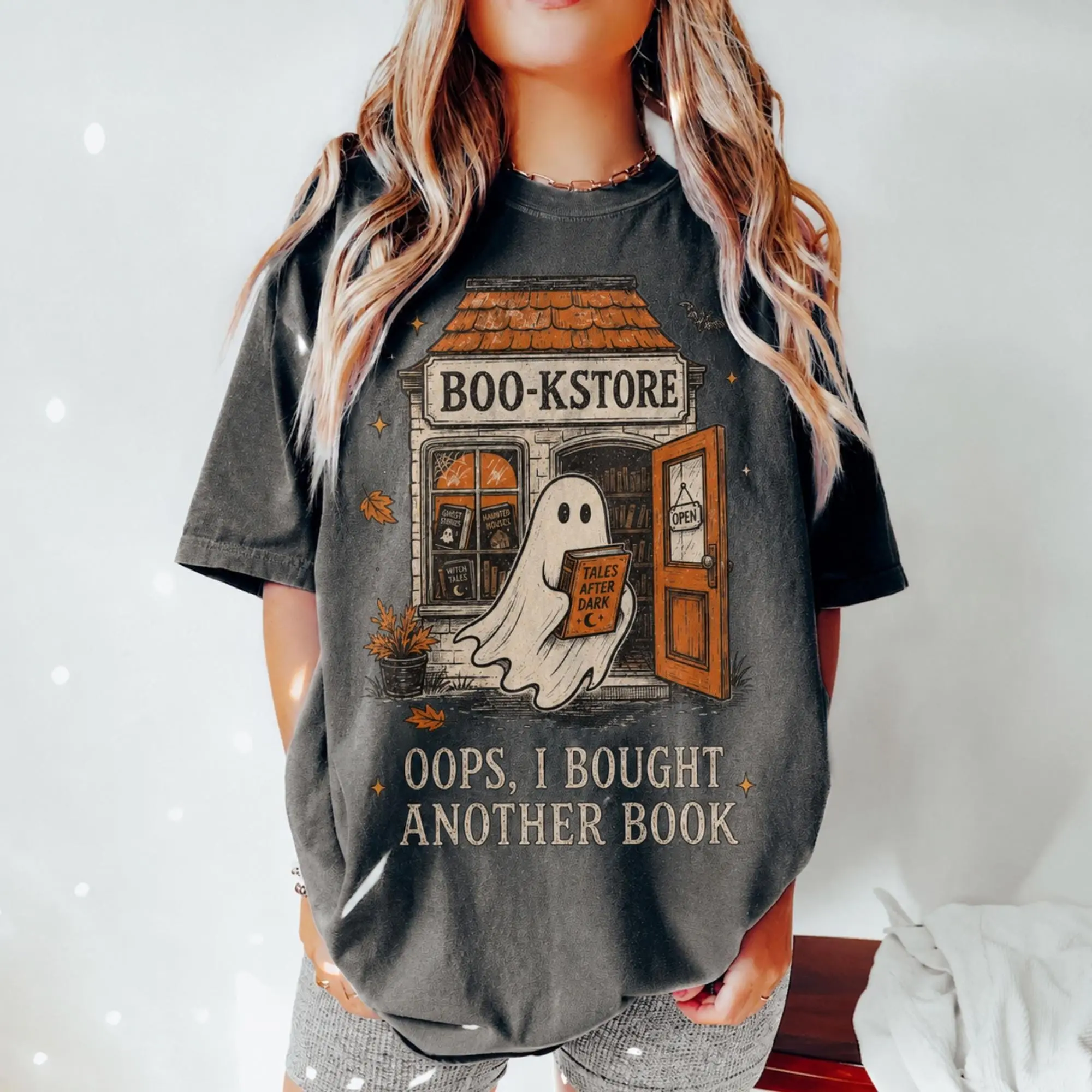 Comfort Colors Ghost Reading Sweatshirt, Halloween Bookstore Fall Book Lover Graphic Top - photo 5