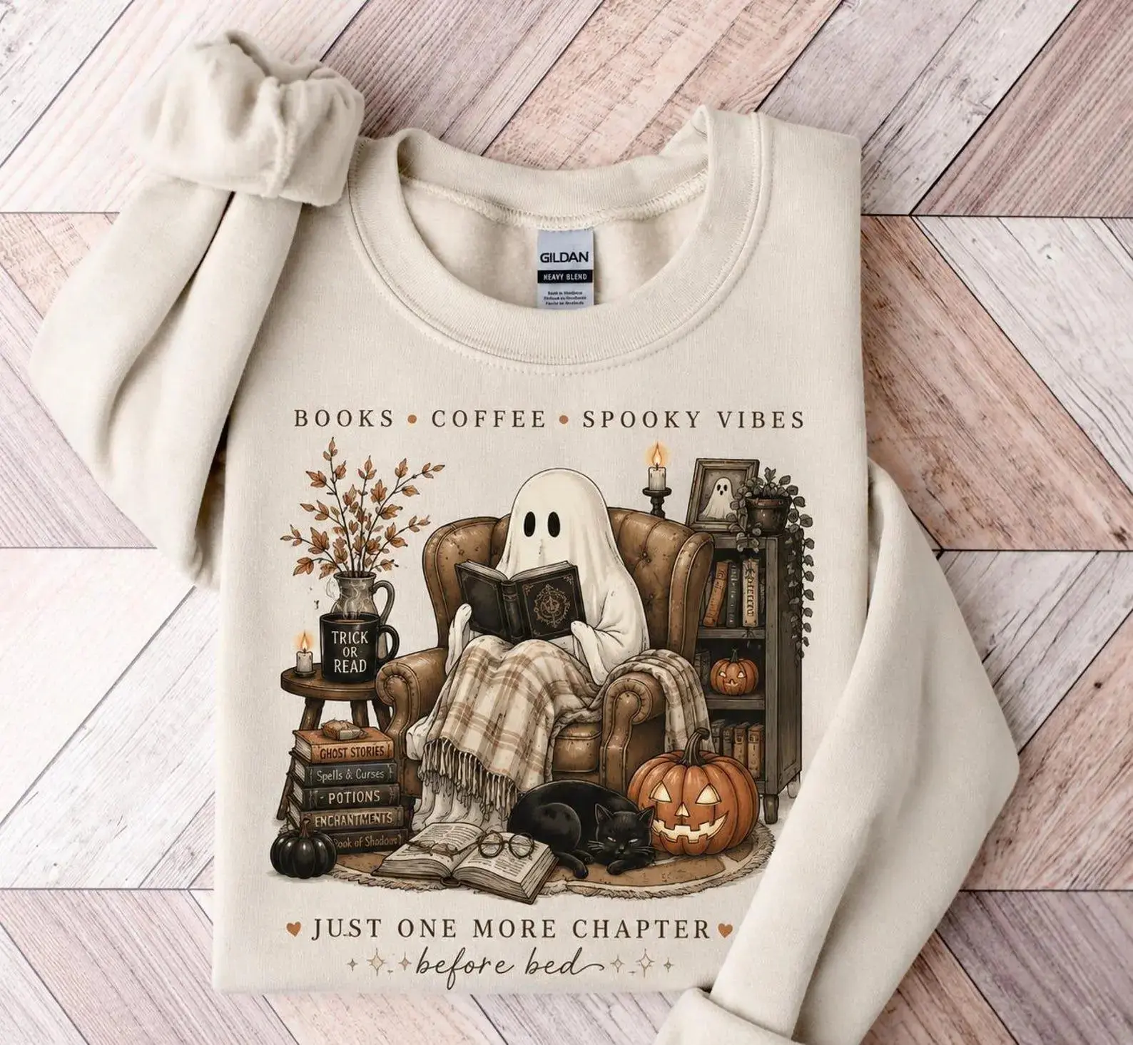 Comfort Colors Ghost Reading Sweatshirt for Women, Cozy Halloween Book Lover Tee, Cute Reader Books Coffee Spooky Fall Bookish Top