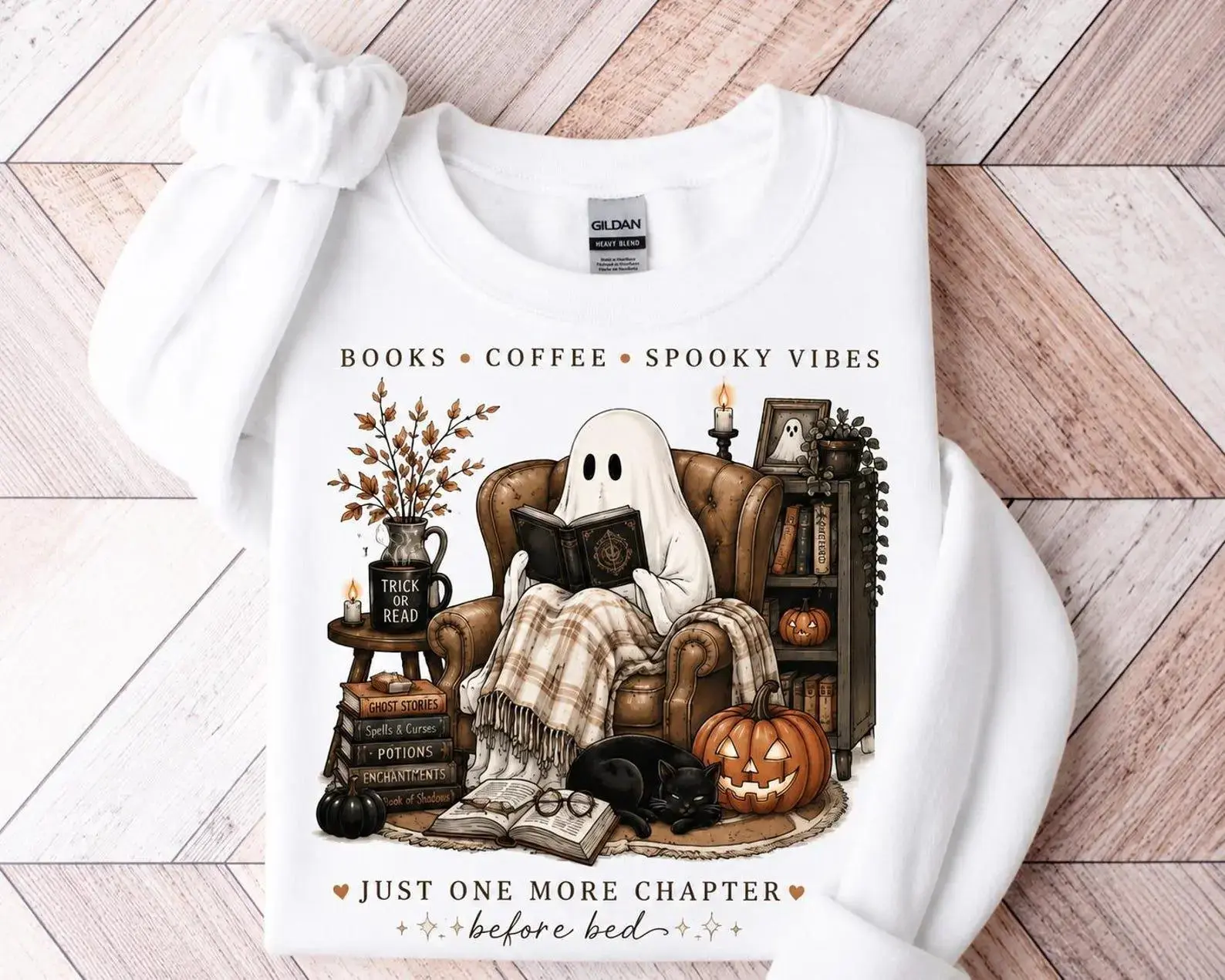 Comfort Colors Ghost Reading Sweatshirt for Women, Cozy Halloween Book Lover Tee, Cute Reader Books Coffee Spooky Fall Bookish Top - photo 3