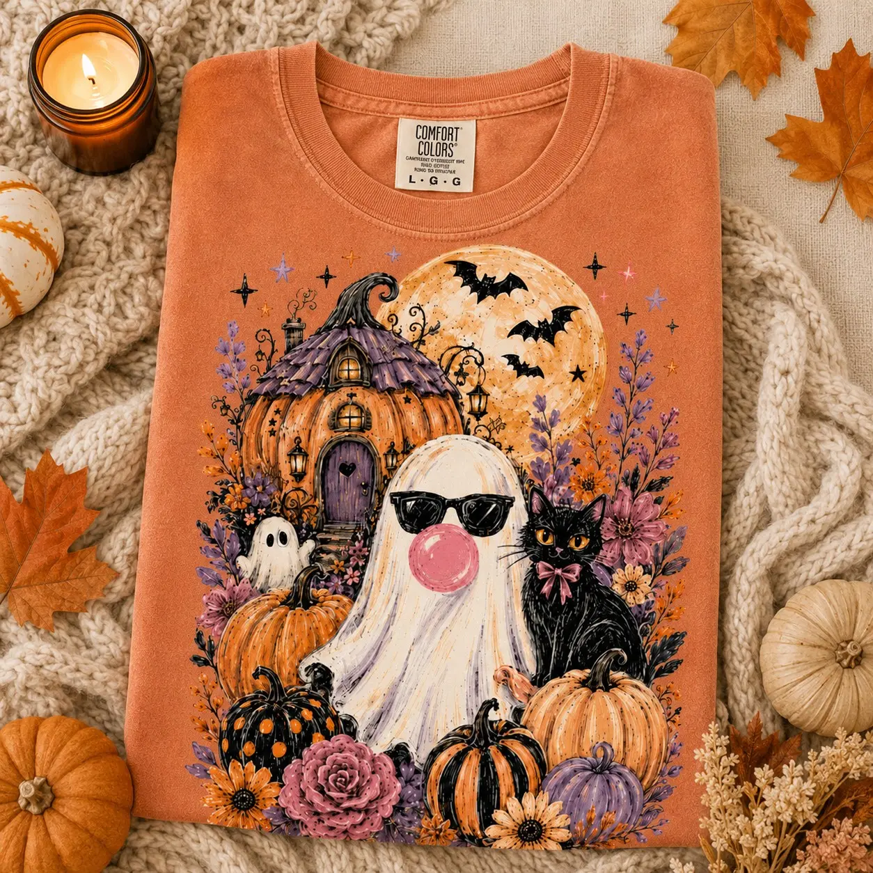 Comfort Colors Whimsigothic Ghost Shirt, Floral Black Cat Pumpkin Fall Halloween Graphic Tee
