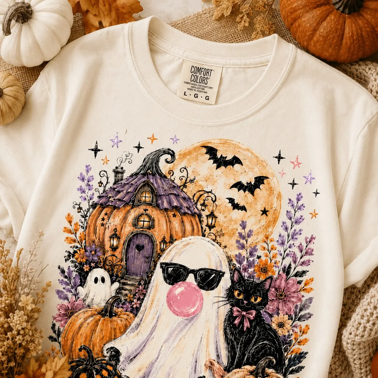Comfort Colors Whimsigothic Ghost Shirt, Floral Black Cat Pumpkin Fall Halloween Graphic Tee - photo 2