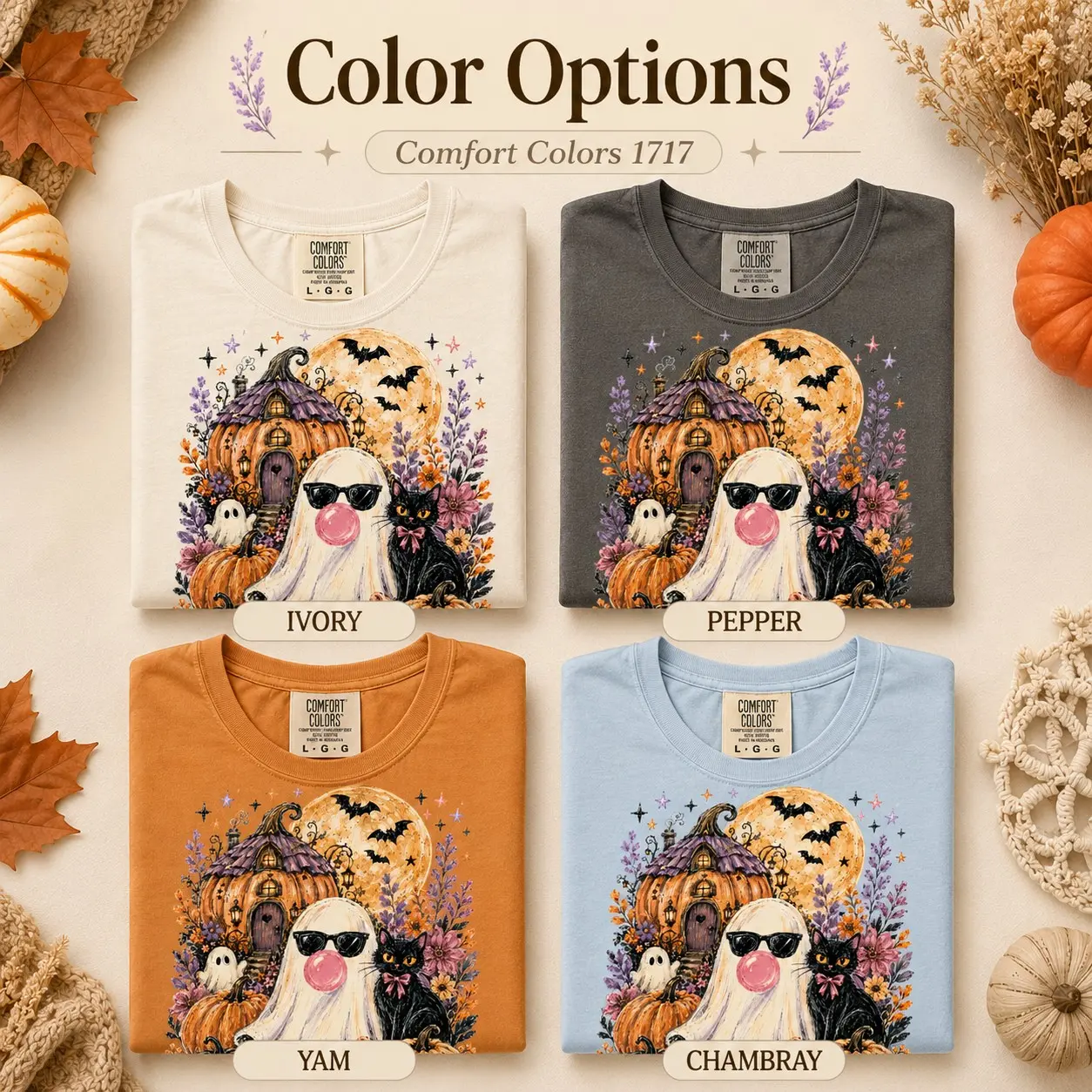 Comfort Colors Whimsigothic Ghost Shirt, Floral Black Cat Pumpkin Fall Halloween Graphic Tee - photo 3