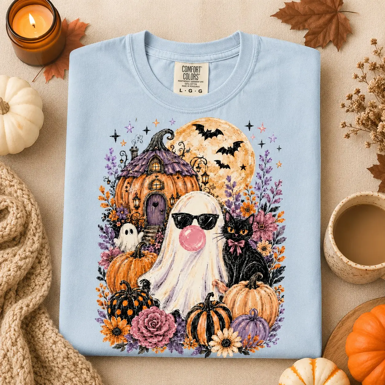 Comfort Colors Whimsigothic Ghost Shirt, Floral Black Cat Pumpkin Fall Halloween Graphic Tee - photo 4