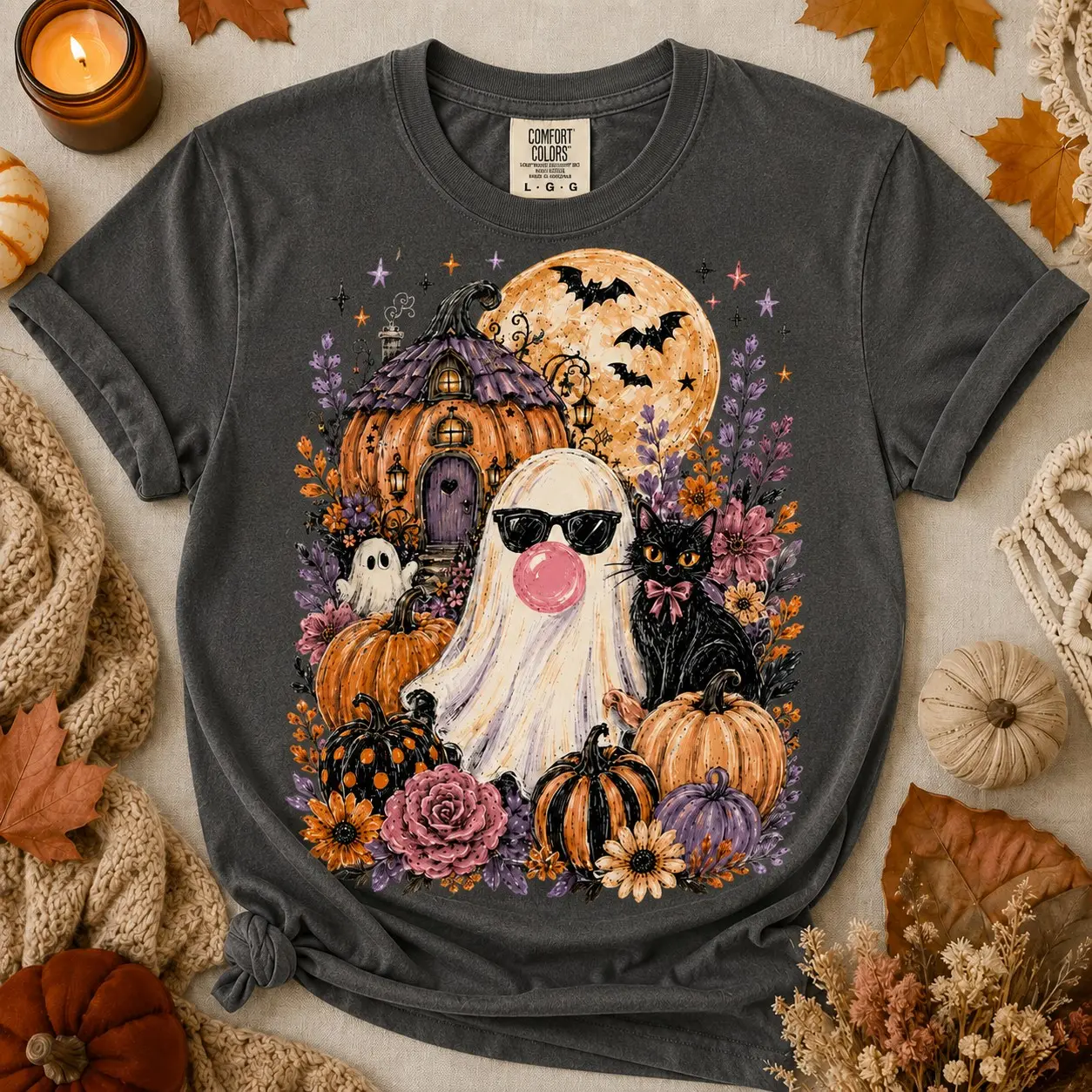 Comfort Colors Whimsigothic Ghost Shirt, Floral Black Cat Pumpkin Fall Halloween Graphic Tee - photo 5