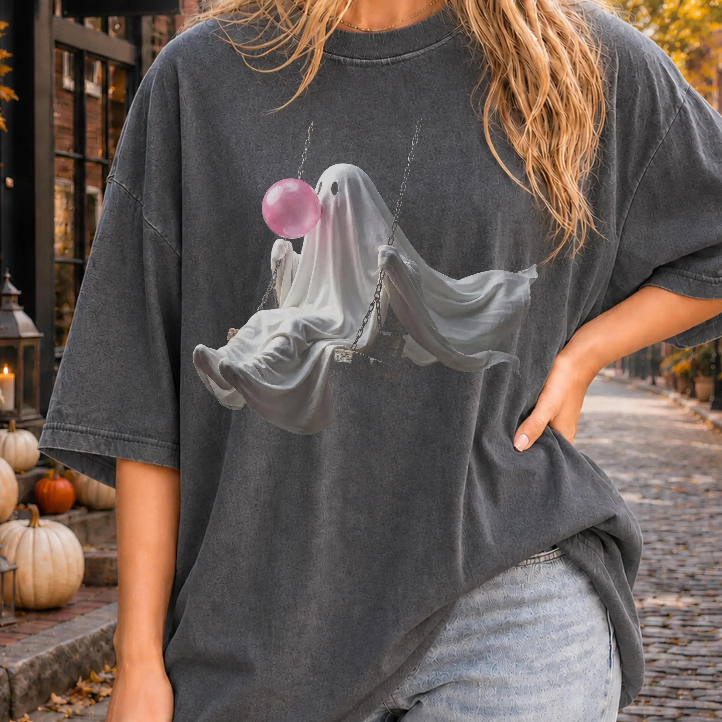 Comfort Colors Ghost Swing Halloween Shirt, Cute Pink Balloon Tee, Vintage Spooky Season Graphic T-Shirt