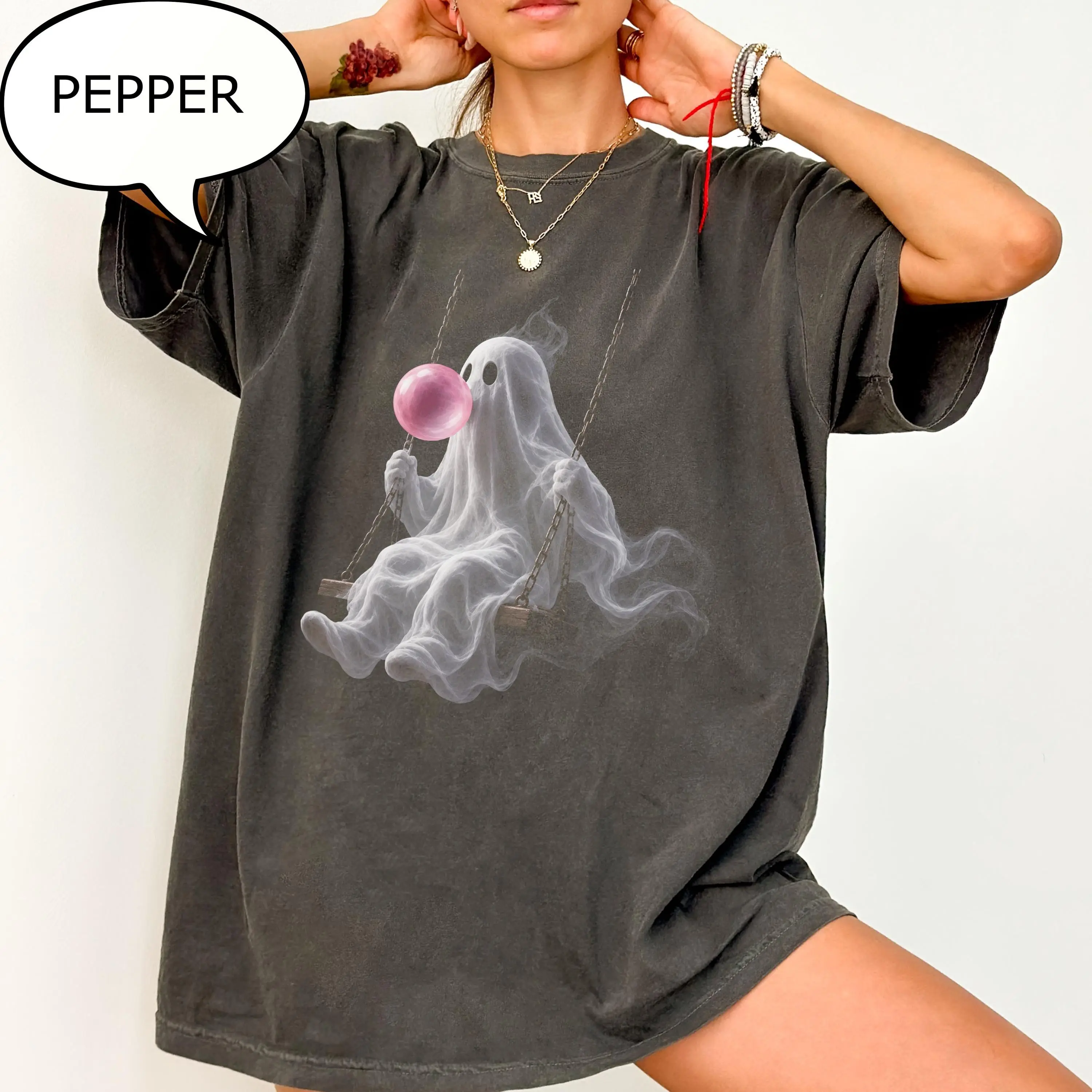 Comfort Colors Ghost Swinging T-Shirt, Pink Bubble Halloween Tee, Cute Spooky Season Gift