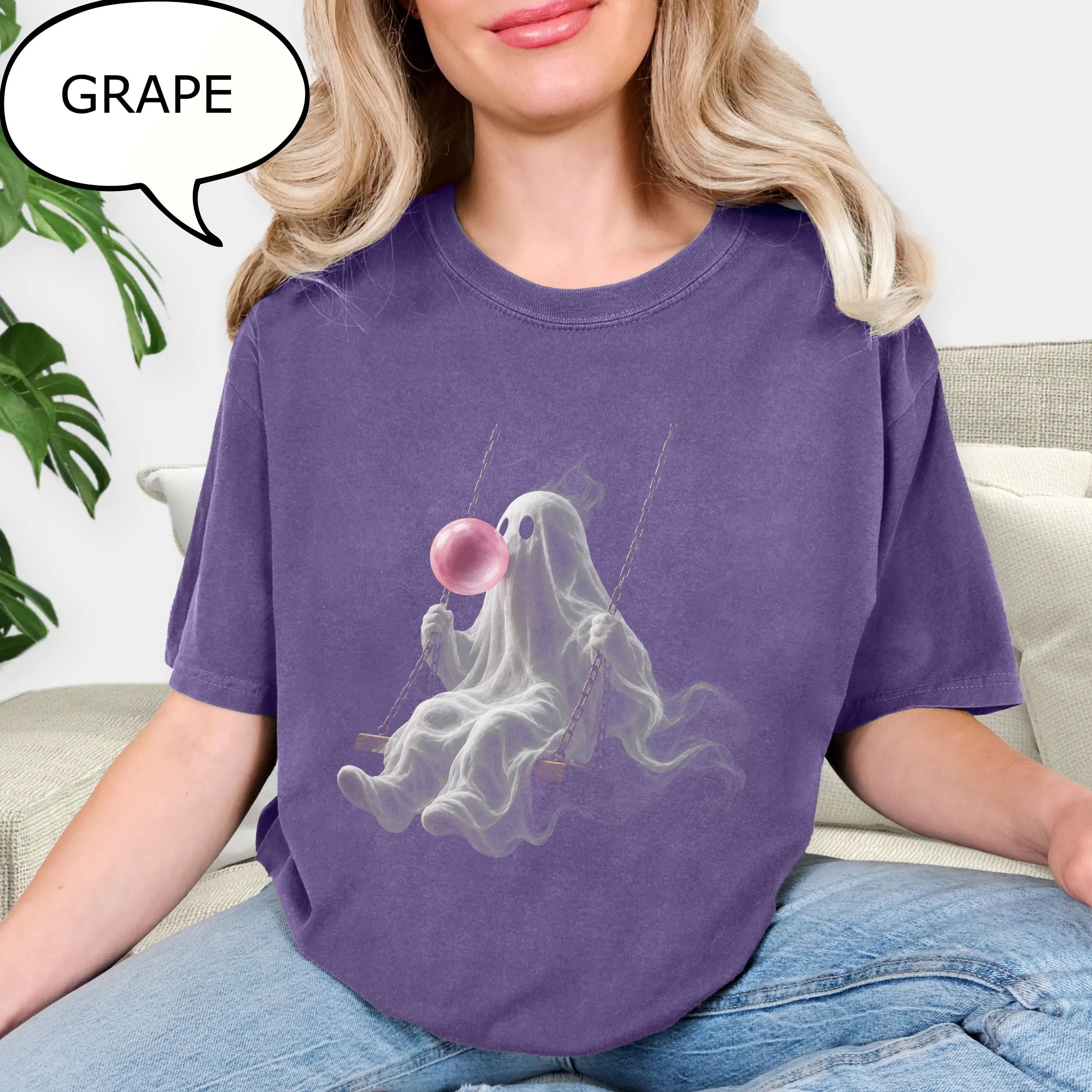 Comfort Colors Ghost Swinging T-Shirt, Pink Bubble Halloween Tee, Cute Spooky Season Gift - photo 2