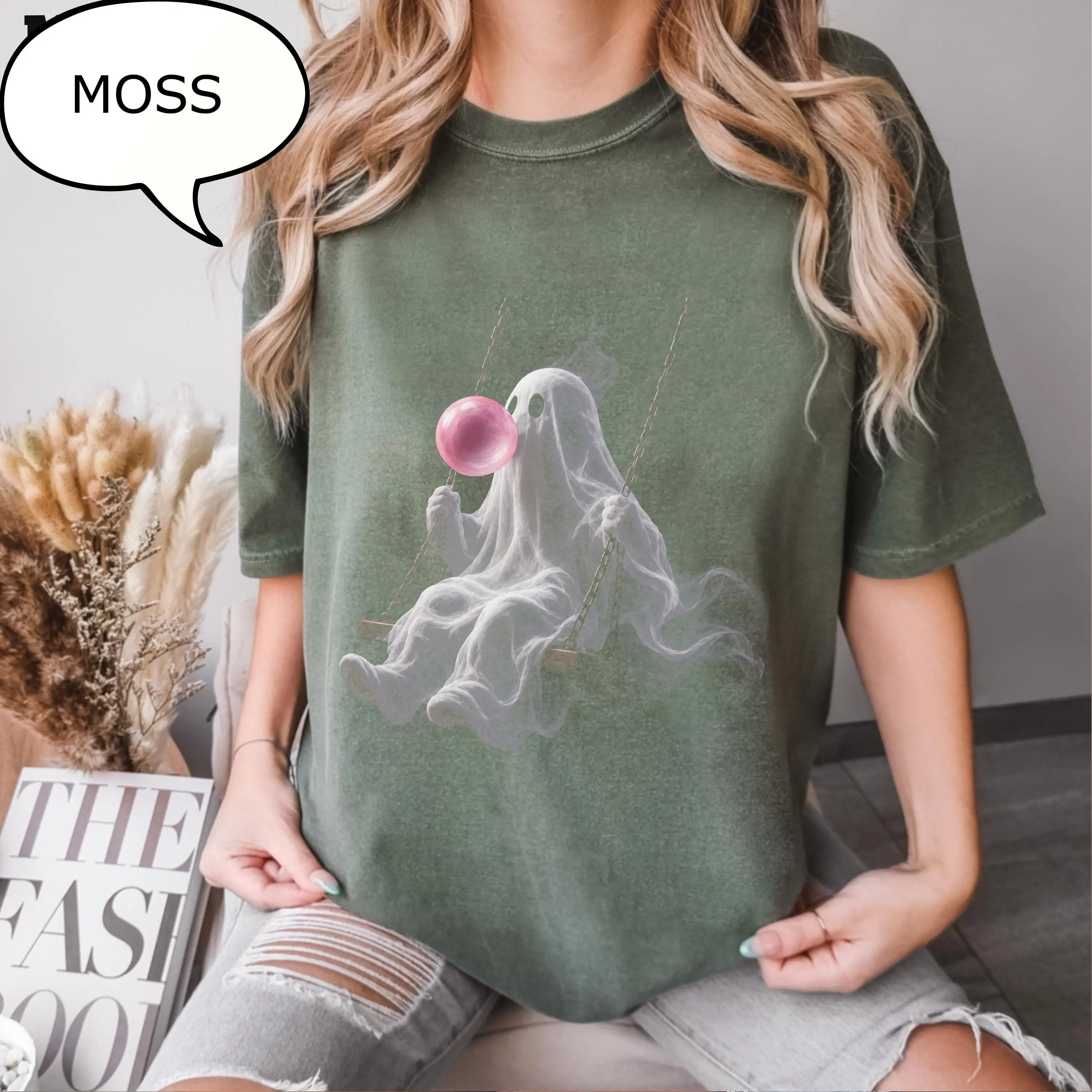 Comfort Colors Ghost Swinging T-Shirt, Pink Bubble Halloween Tee, Cute Spooky Season Gift - photo 3