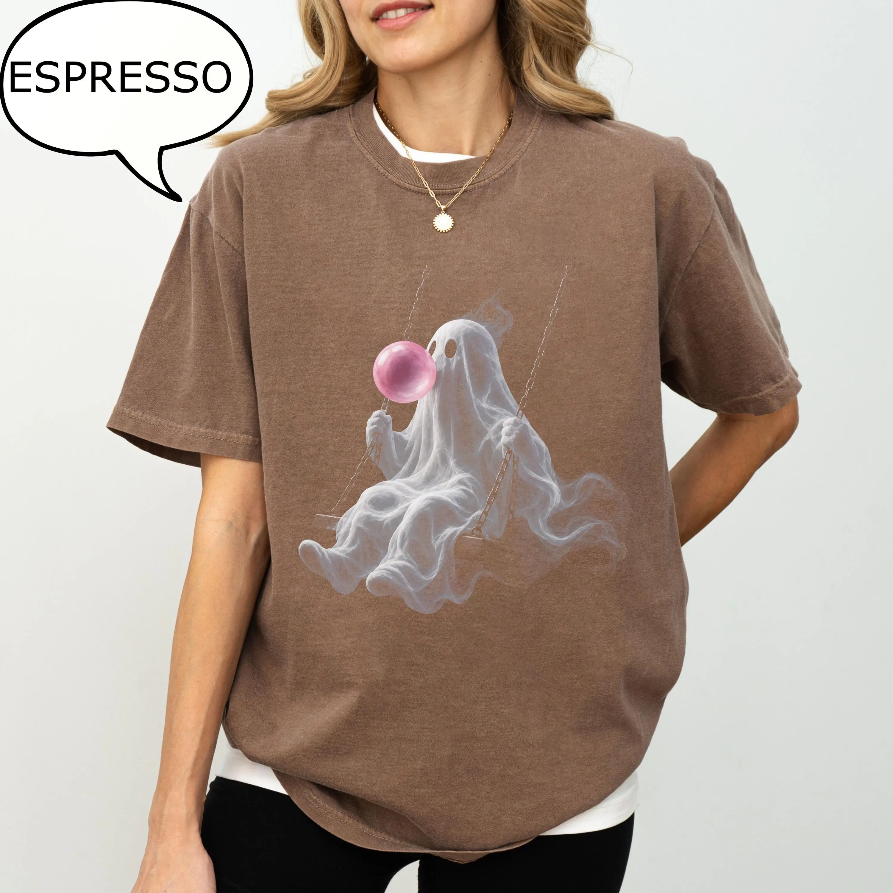 Comfort Colors Ghost Swinging T-Shirt, Pink Bubble Halloween Tee, Cute Spooky Season Gift - photo 4