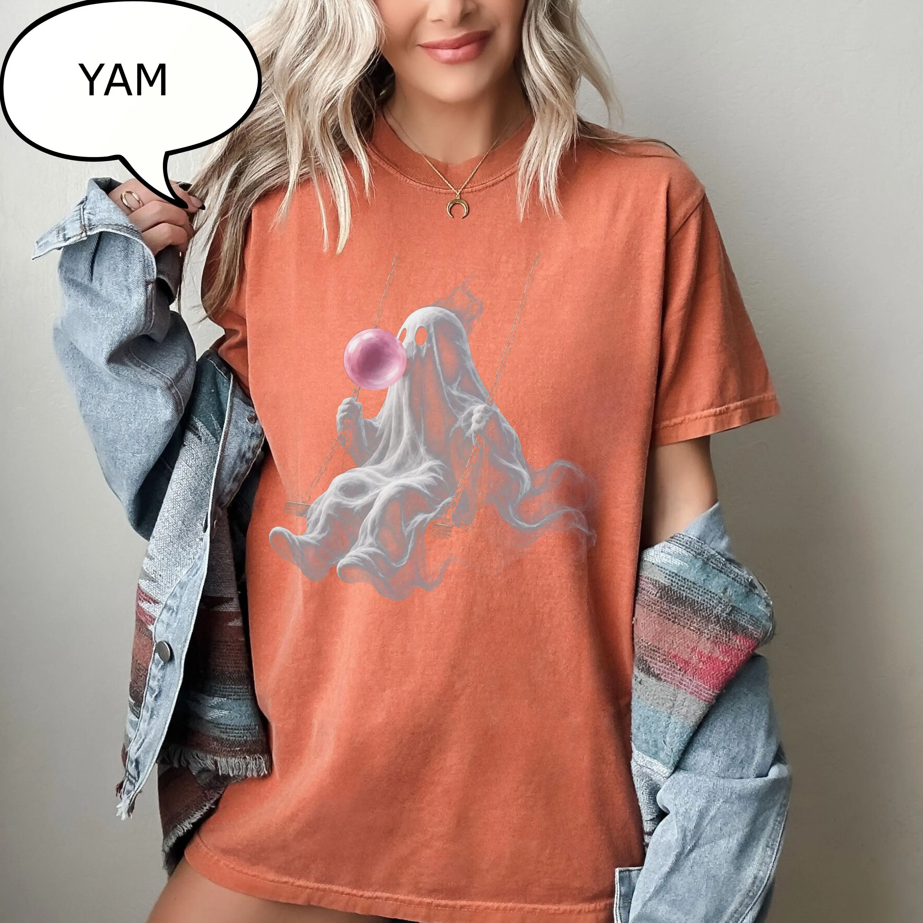 Comfort Colors Ghost Swinging T-Shirt, Pink Bubble Halloween Tee, Cute Spooky Season Gift - photo 5