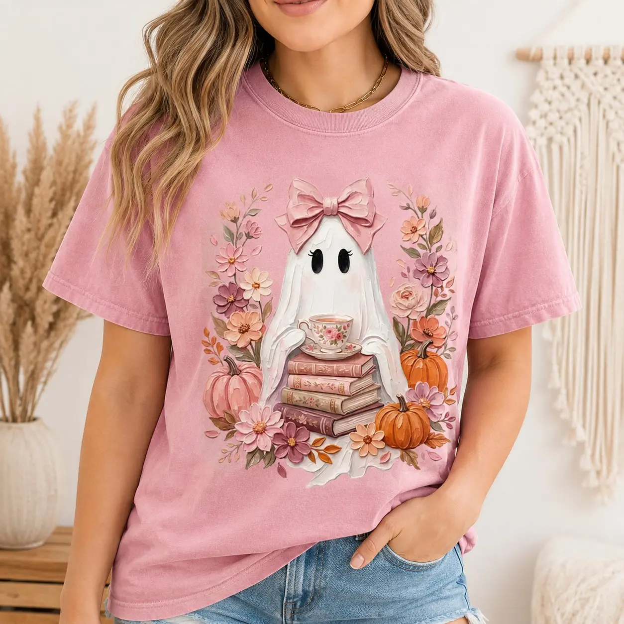 Comfort Colors Ghost Tea Cup Book Stack Shirt, Cute Coquette Bookish Halloween Party Fall Sister Gift