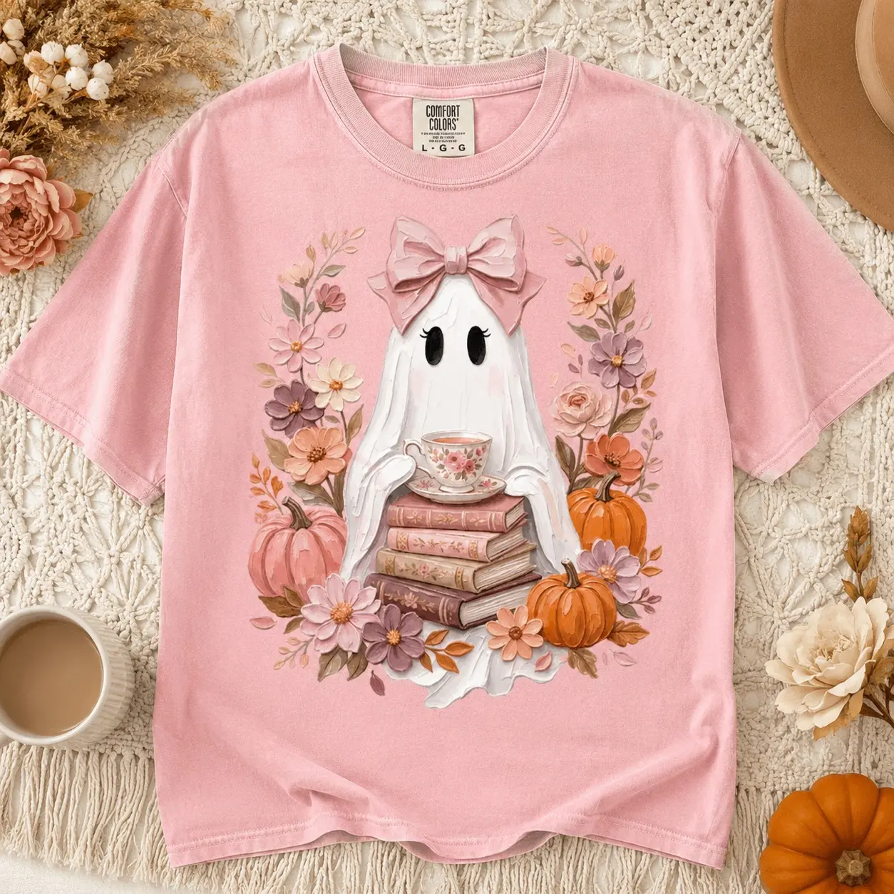 Comfort Colors Ghost Tea Cup Book Stack Shirt, Cute Coquette Bookish Halloween Party Fall Sister Gift - photo 2