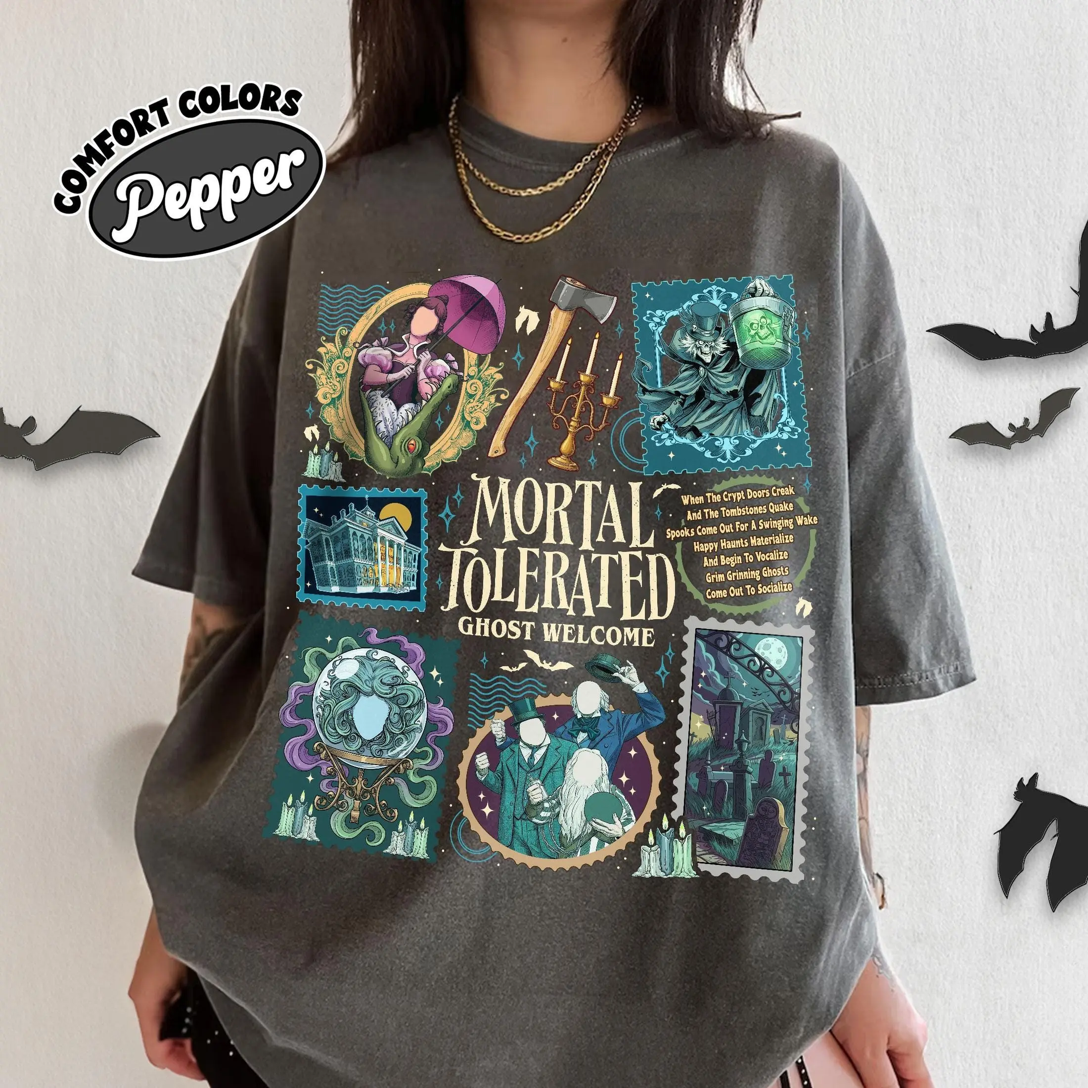 Comfort Colors Ghost Welcome Halloween Stamps Shirt, Spooky Season Theme Park Tee, Gothic Family Graphic Top