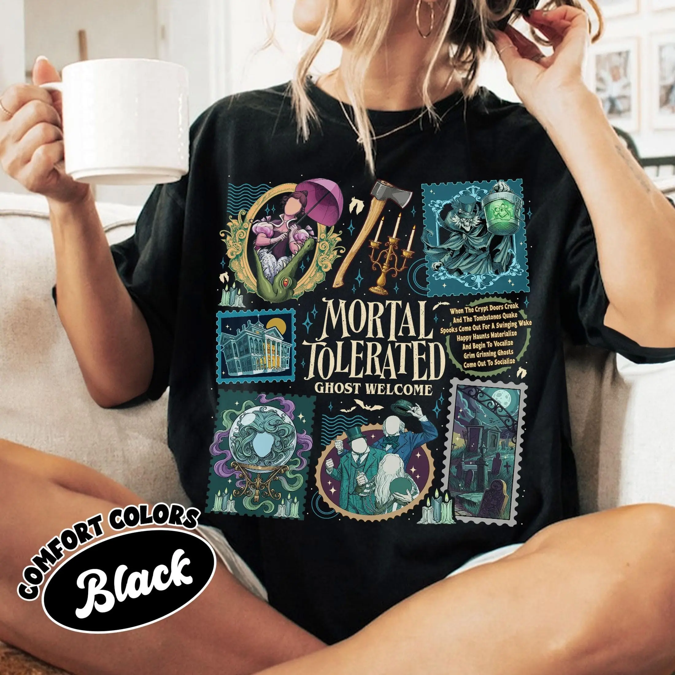 Comfort Colors Ghost Welcome Halloween Stamps Shirt, Spooky Season Theme Park Tee, Gothic Family Graphic Top - photo 2