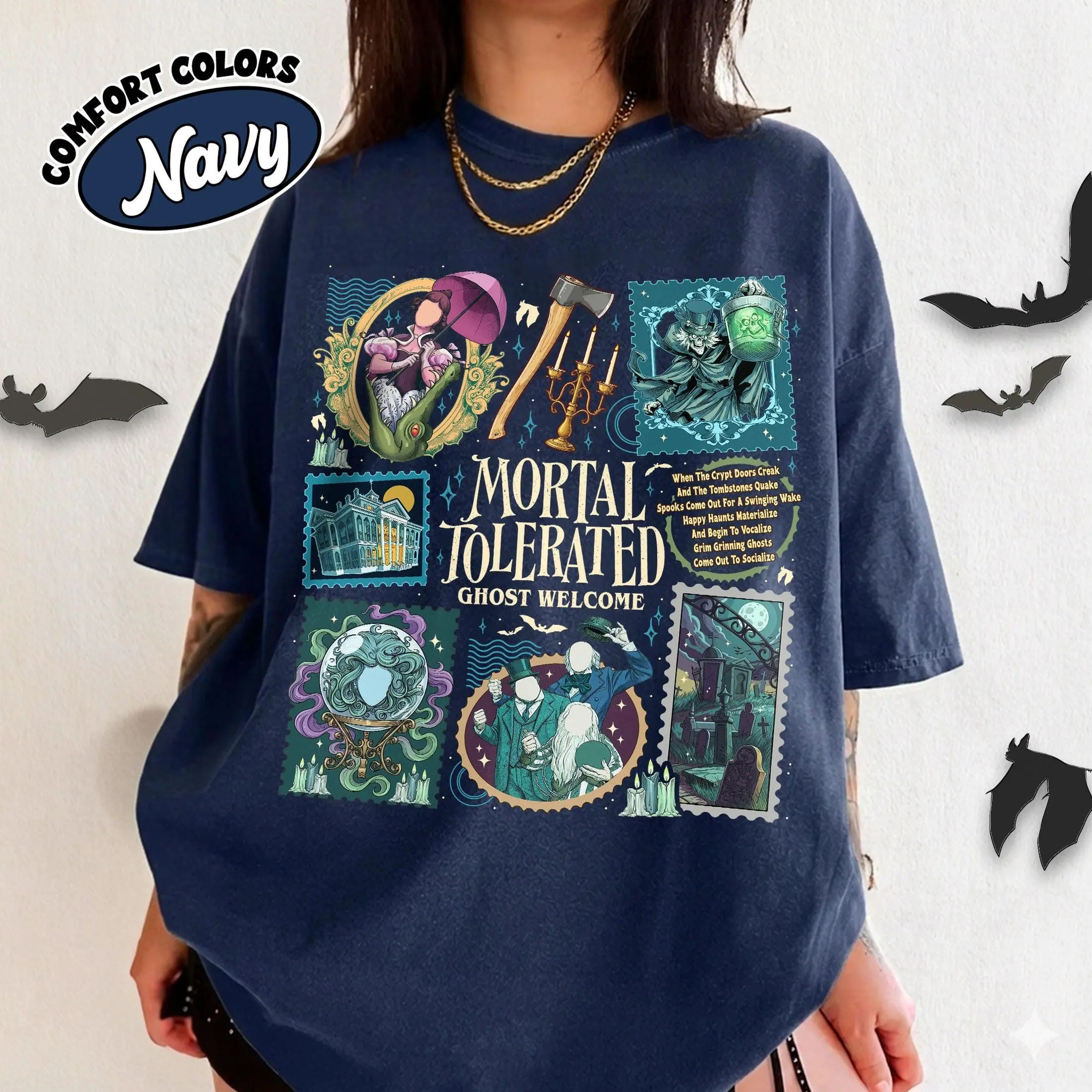Comfort Colors Ghost Welcome Halloween Stamps Shirt, Spooky Season Theme Park Tee, Gothic Family Graphic Top - photo 3