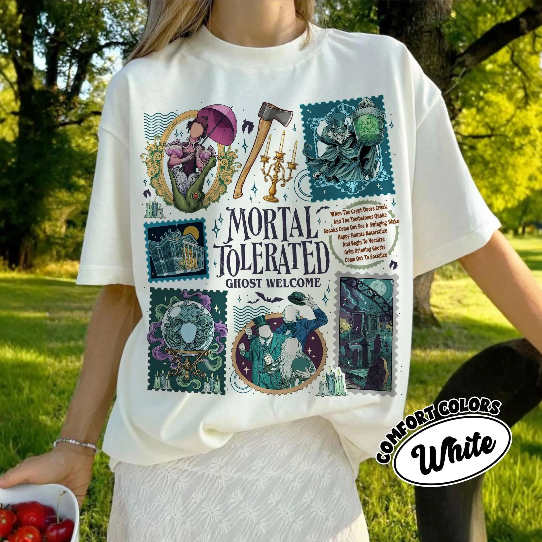Comfort Colors Ghost Welcome Halloween Stamps Shirt, Spooky Season Theme Park Tee, Gothic Family Graphic Top - photo 4