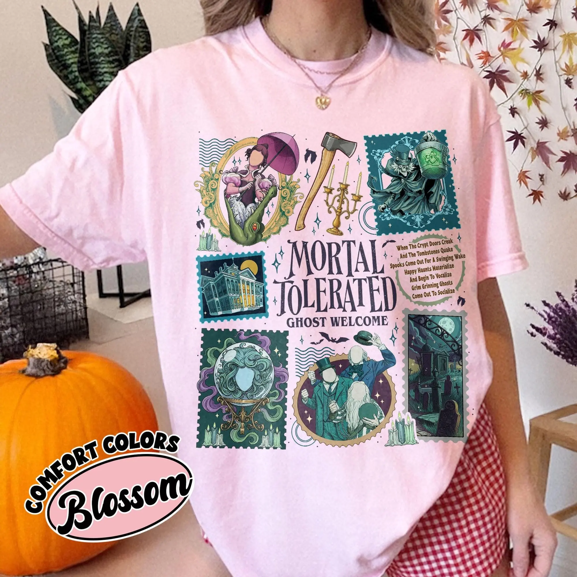 Comfort Colors Ghost Welcome Halloween Stamps Shirt, Spooky Season Theme Park Tee, Gothic Family Graphic Top - photo 5