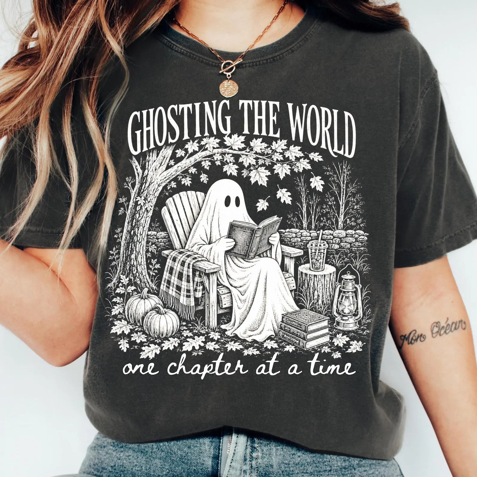 Comfort Colors Ghosting The World Reading Sweatshirt, Retro Bookish Fall Graphic Halloween Crewneck - photo 2